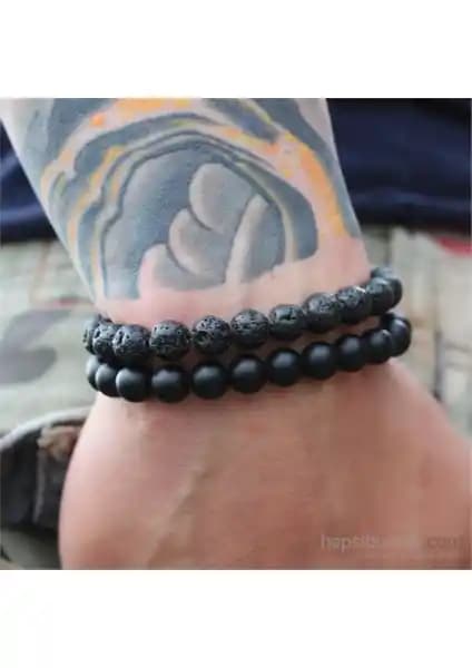 Takıcadde Siyah Mat Oniks ve Lav Taşı Bileklik Seti: Doğal Güzellik ve Şıklığın Buluşması