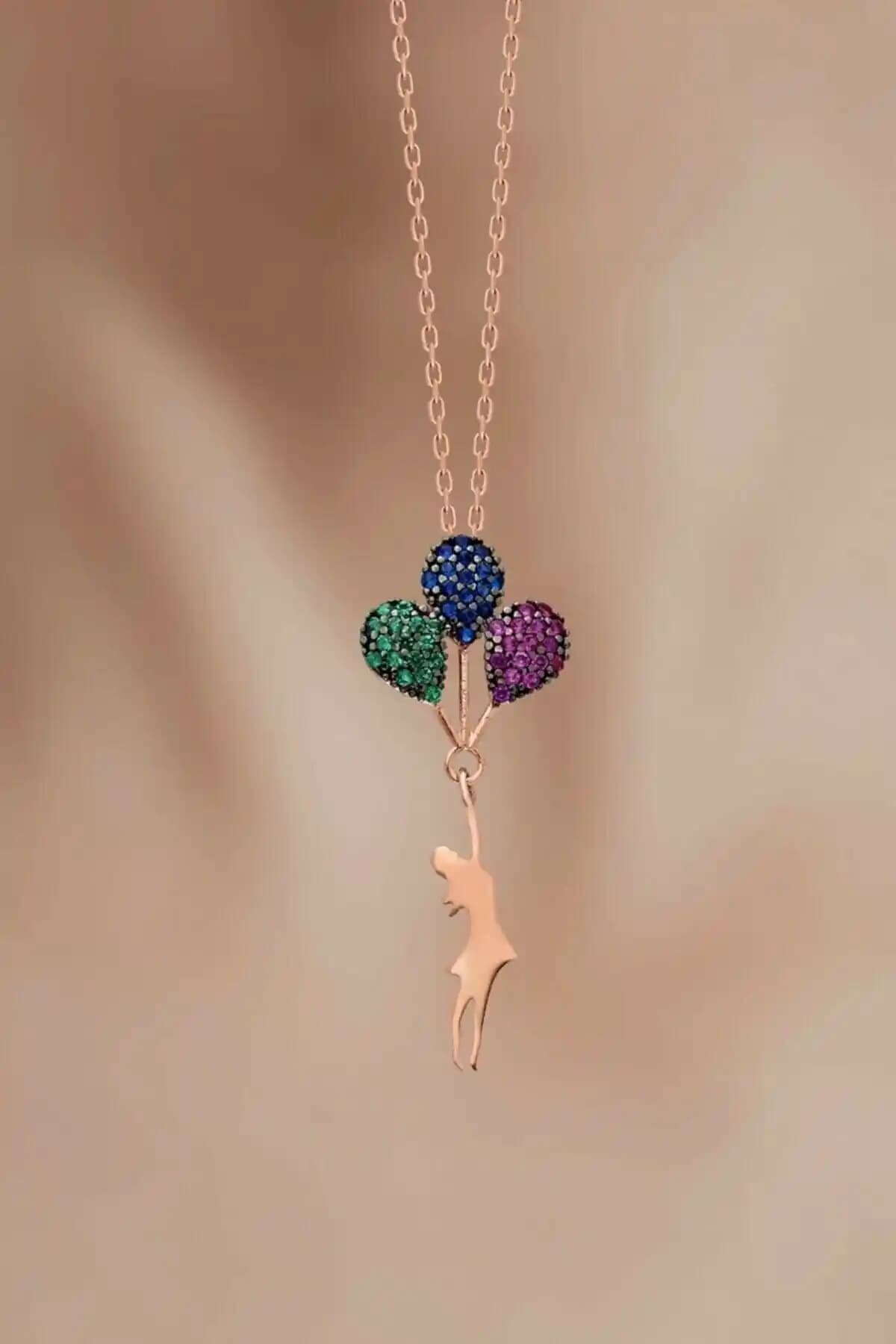 925 Ayar Güçlü Zincirli Rose Kaplama Renkli Taşlı Balonlu Kız Kolye Ürün Tanıtımı ve Özellikleri