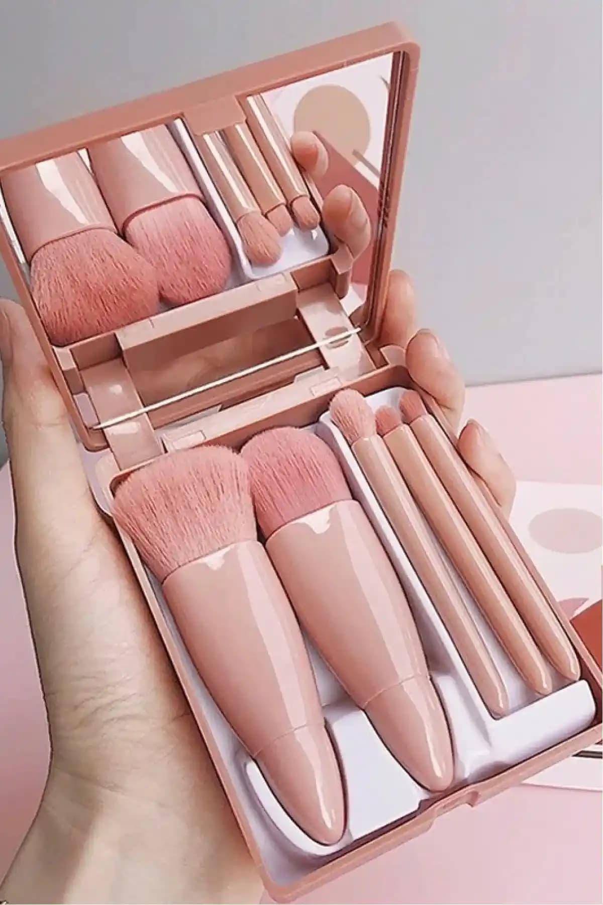 HaLVeY Profesyonel Taşınabilir Aynalı Makyaj Fırça Seti 5'li, Pratik ve Şık Makyaj Çözümü