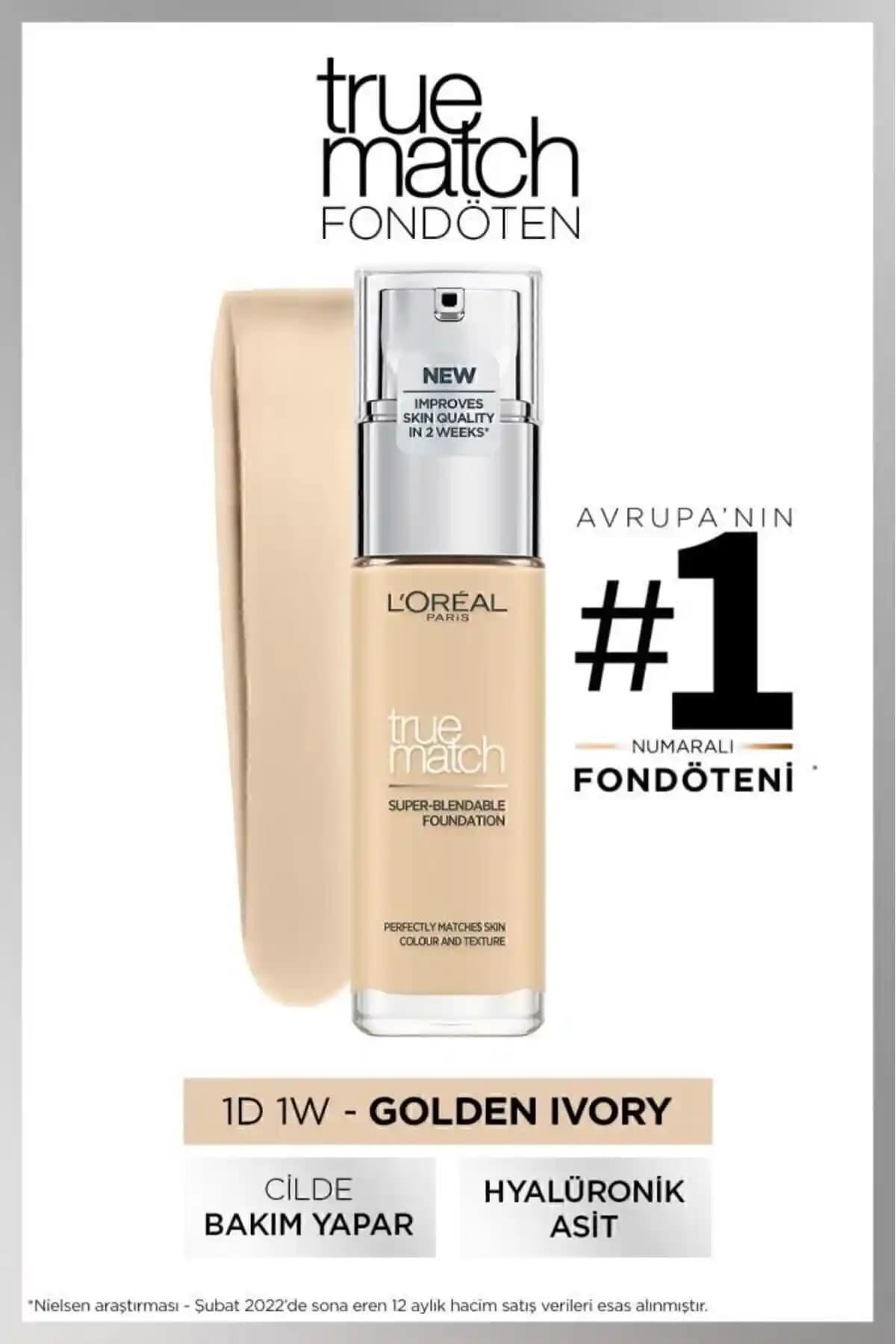 L'Oreal Paris True Match 1D Golden Ivory Fondöten ile doğal ve etkileyici cilt görünümü