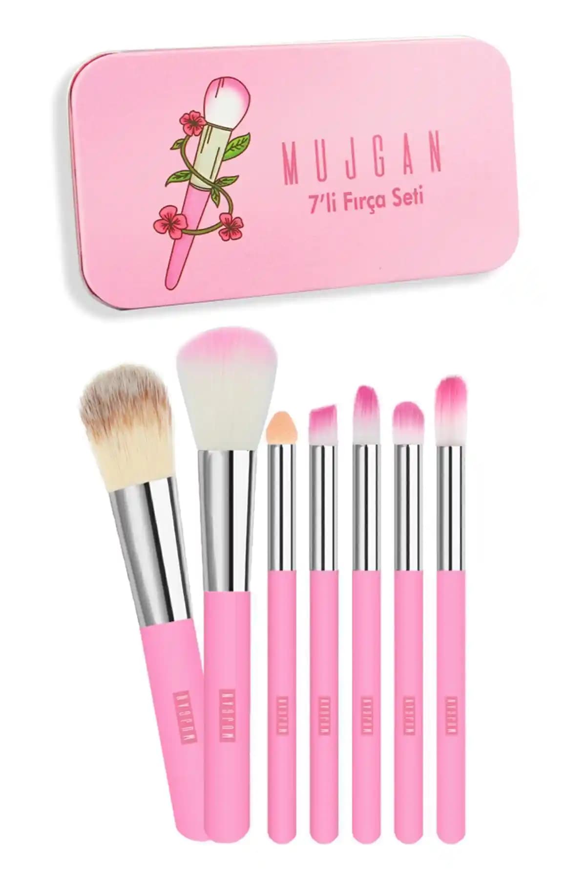 Makyaj Severler İçin Şık ve Kullanışlı MUJGAN 7'li Fırça Seti Metal Kutulu Pembe