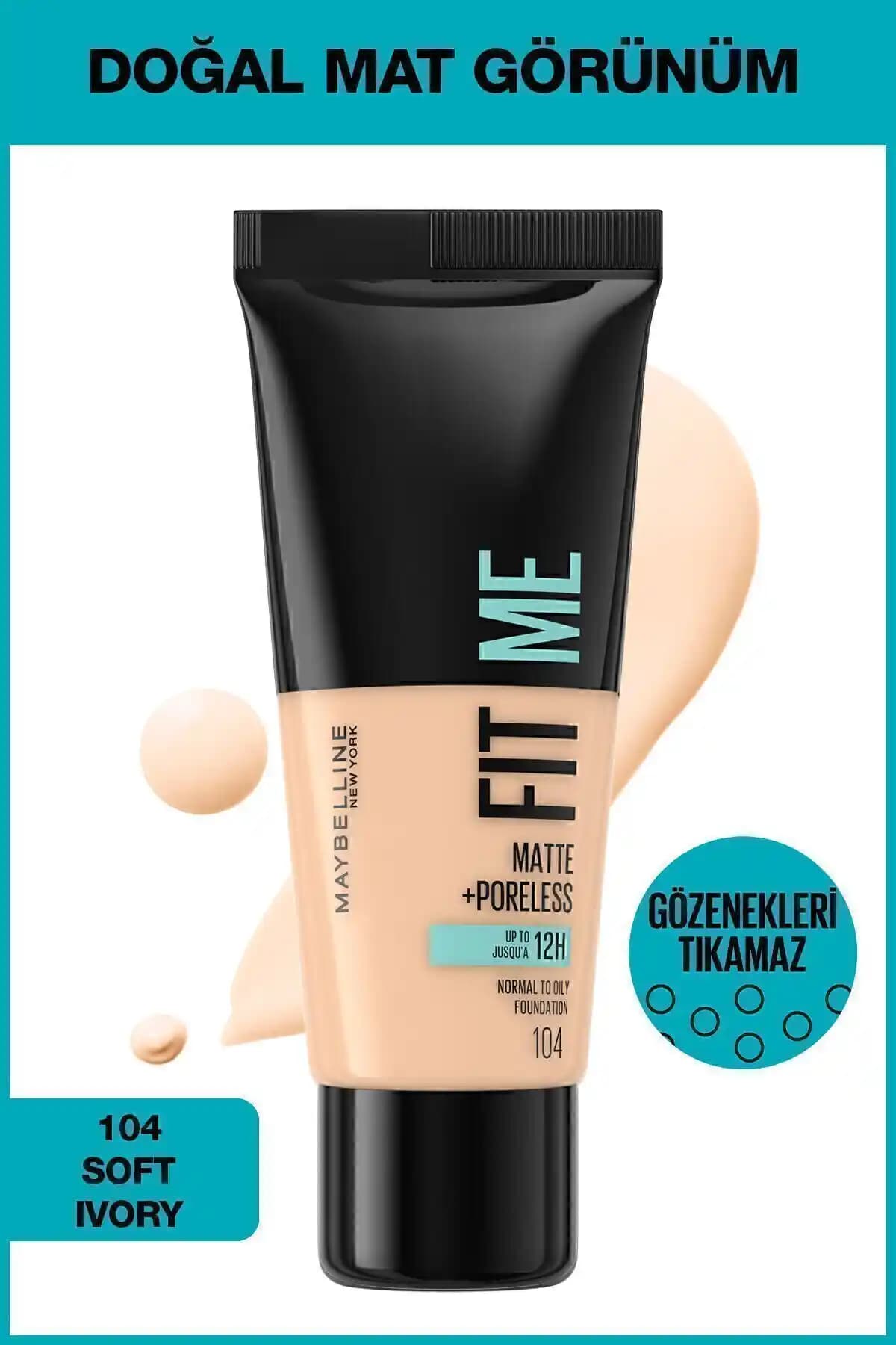 Maybelline New York Fit Me Matte+Poreless Fondöten 104 Soft Ivory doğal ve mat görünüm sağlar