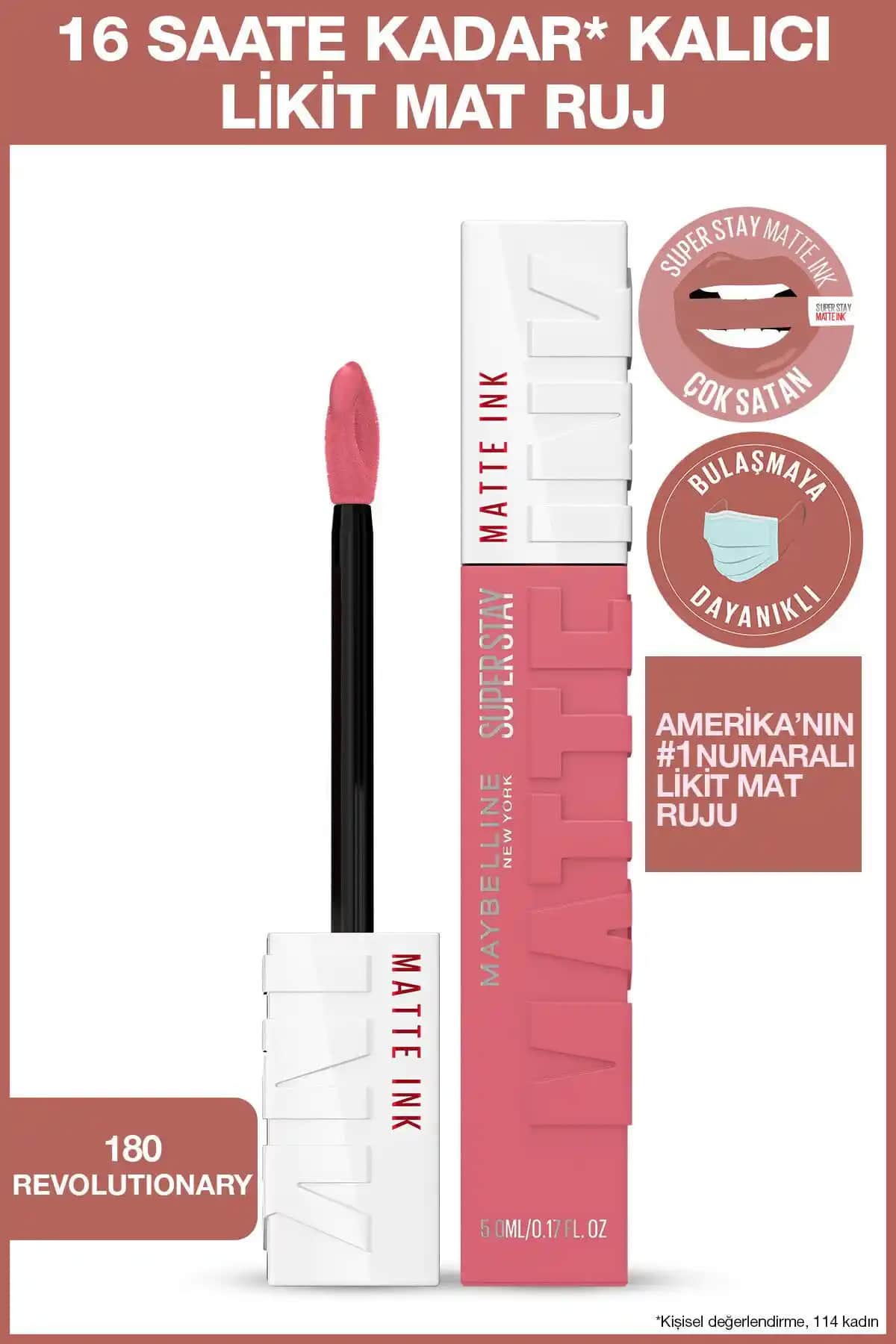 Maybelline Super Stay Matte Ink Likit Mat Ruj 180 Revolutionary Pembe Dudaklar İçin Kalıcı ve Doğal Görünüm