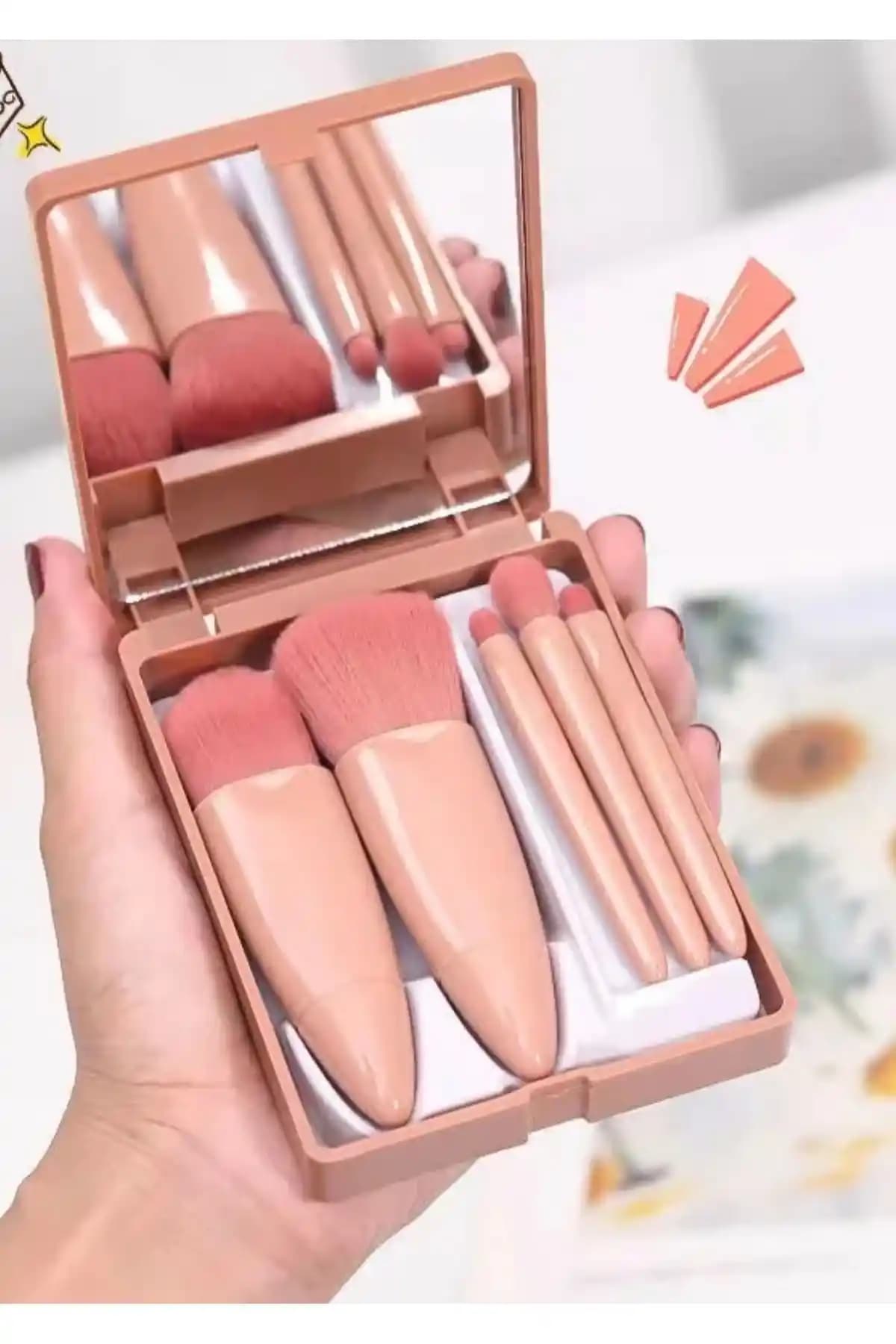 Monalisatoka Taşınabilir Aynalı 5'li Makyaş Fırça Seti Yüksek Kalite ve Şık Tasarım