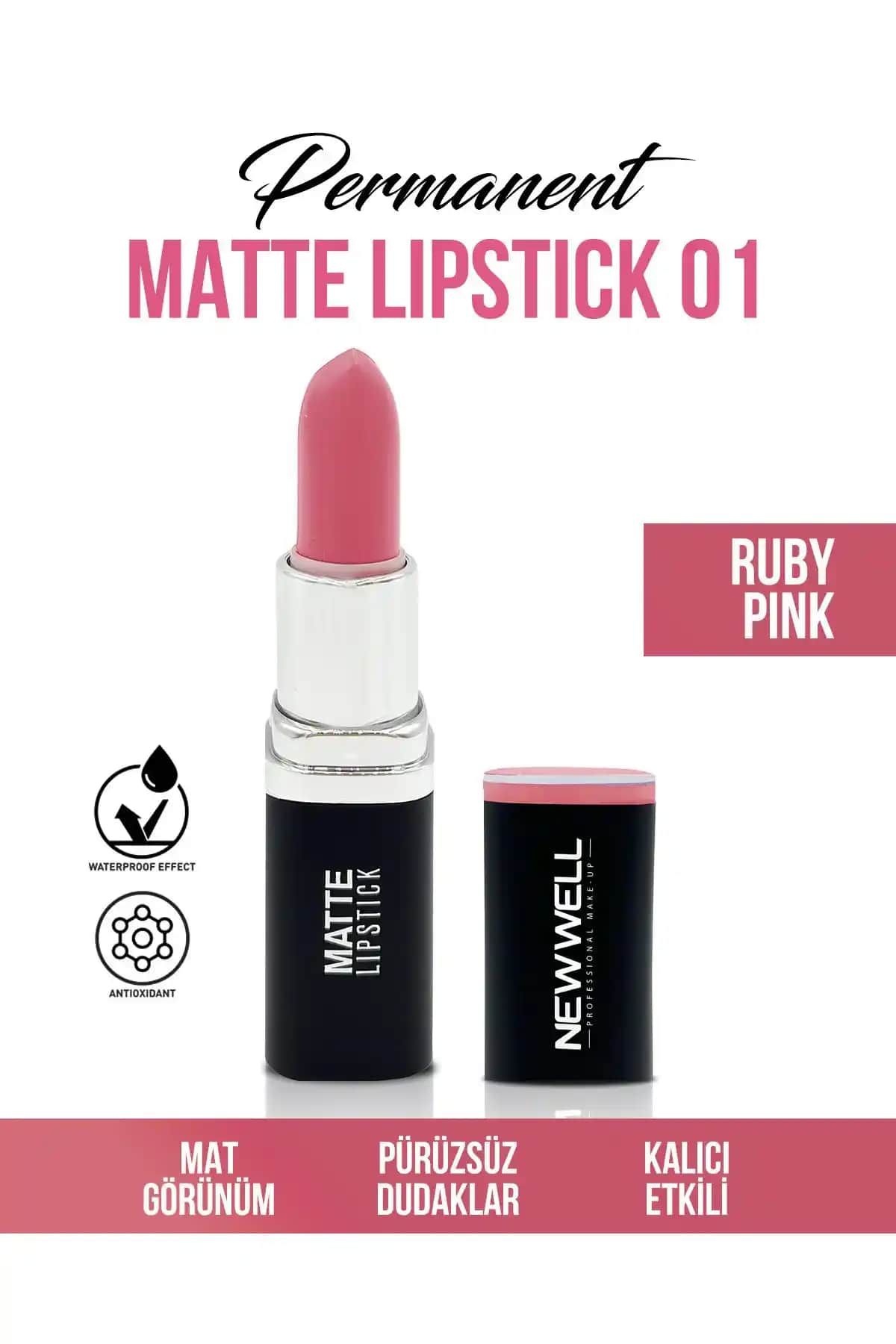 New Well Permanent Matte Lipstick 01Ruby Pink Dudaklarda Doğal Parlaklık ve Kalıcılık Sağlar