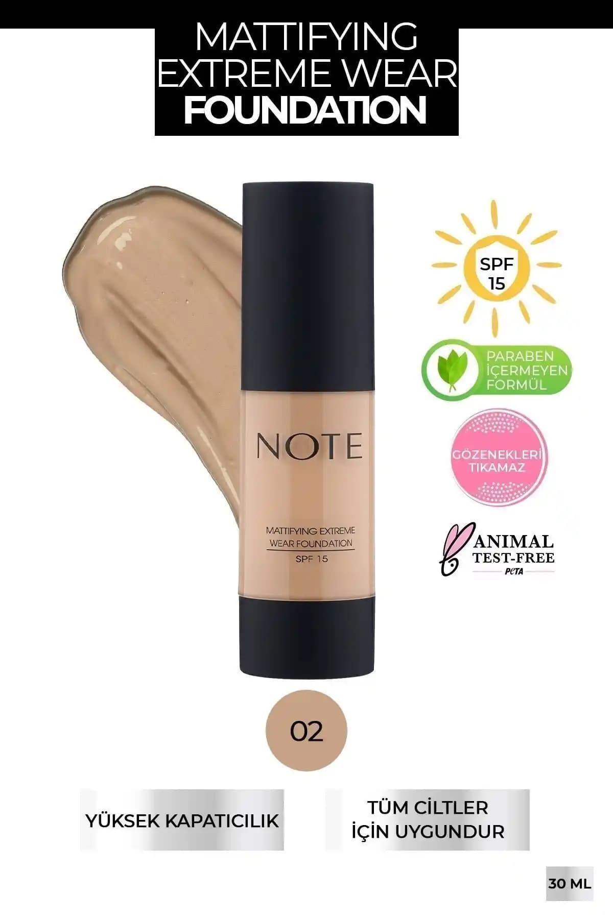 Note Cosmetics Mattifying Extreme Wear SPF 15 Yoğun Kapatıcı Fondöten 02 Natural Beige