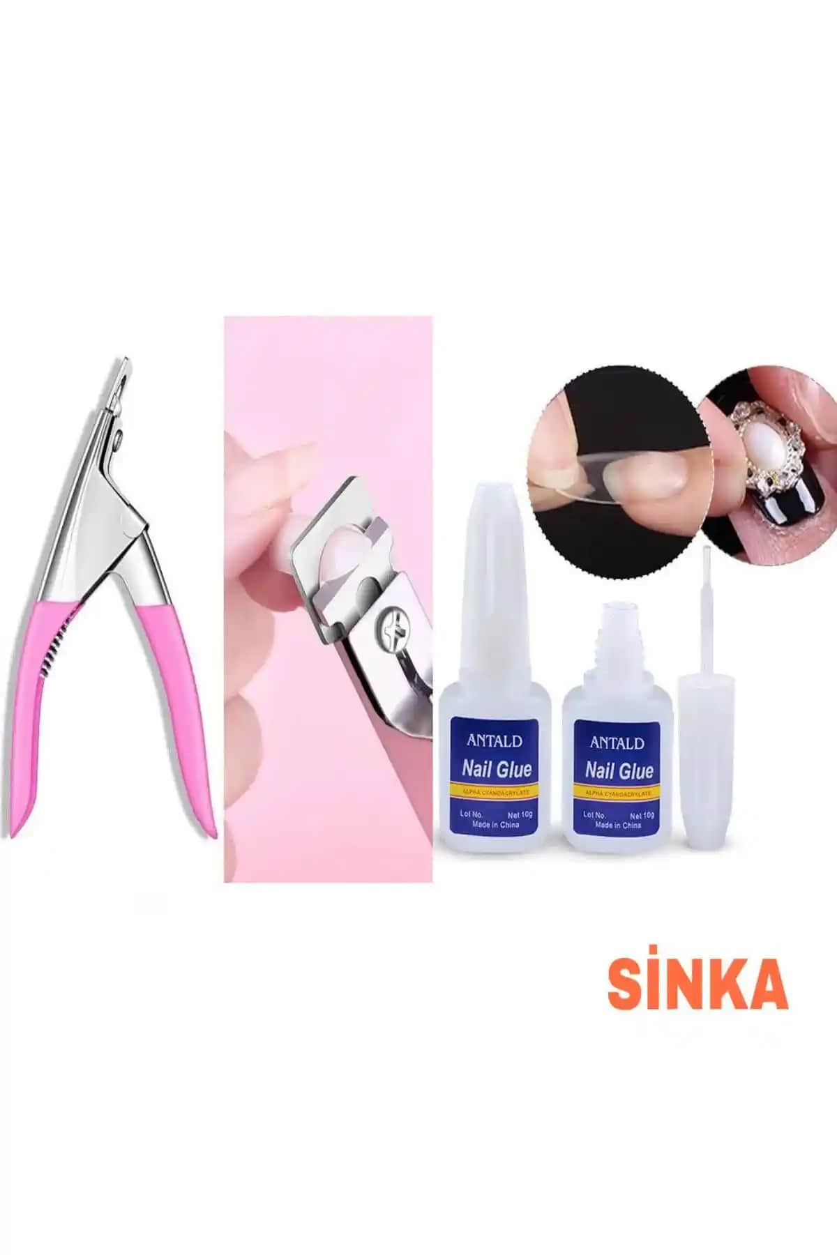 SİNKA Takma Tırnak Protez Tırnak Tips Makası ve Yapıştırıcı Seti Profesyonel Kullanım İçin