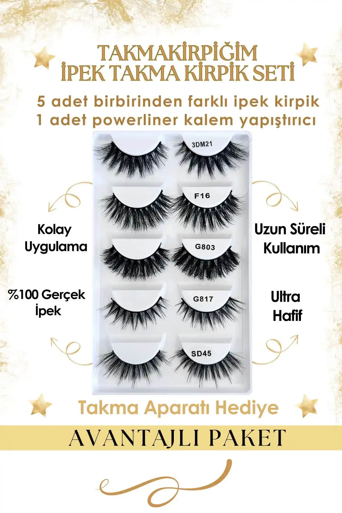 Takmakirpiğim Beşli Yoğun Ipek Takma Kirpik Seti ve Güçlü Yapıştırıcı ile Gözde Mükemmel Durum