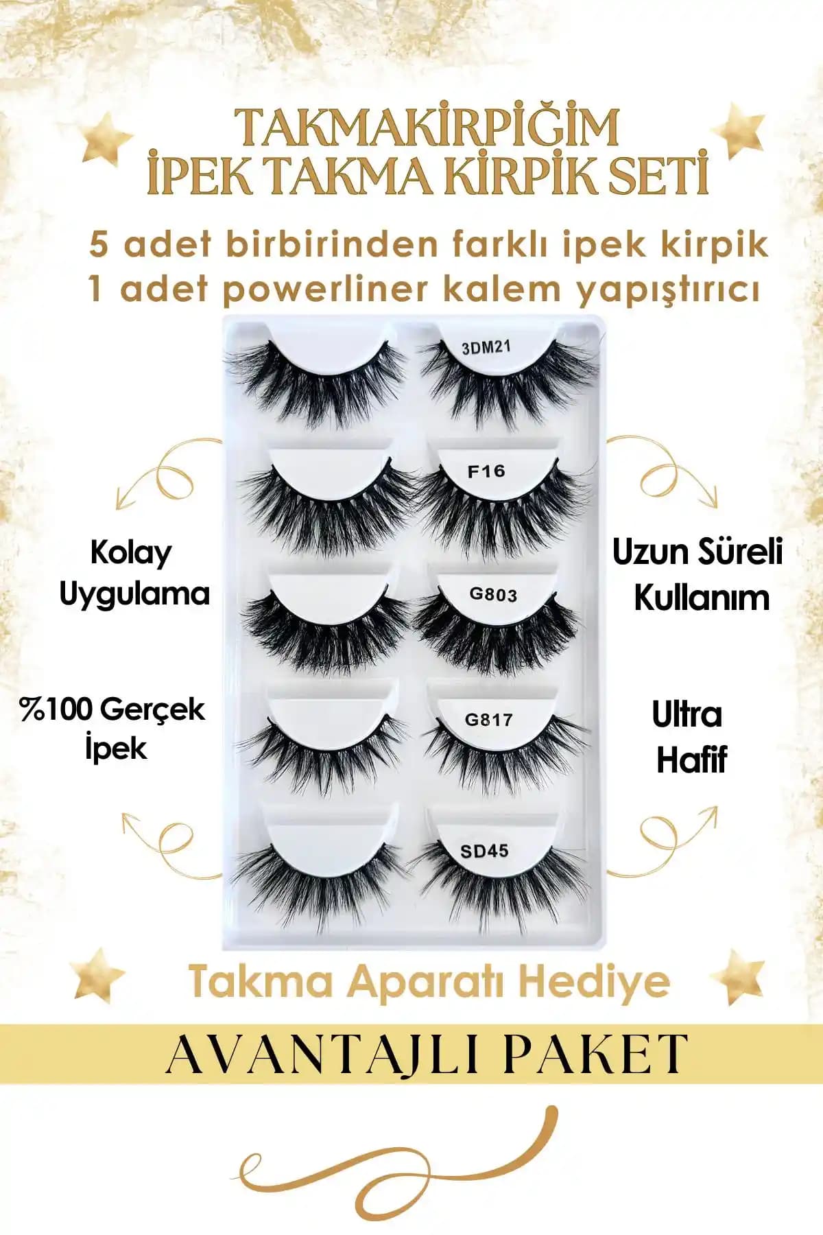 Takmakirpiğim Beşli Yoğun Ipek Takma Kirpik Seti ve Güçlü Yapıştırıcı ile Gözde Mükemmel Durum