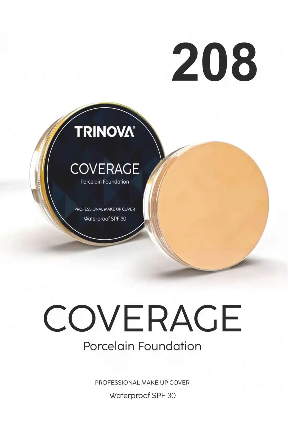 Trinova Makeup Cover Porselen Fondöten Açık Ton 208 - Yüksek Kapatıcılık ve Uzun Süre Kalıcılık