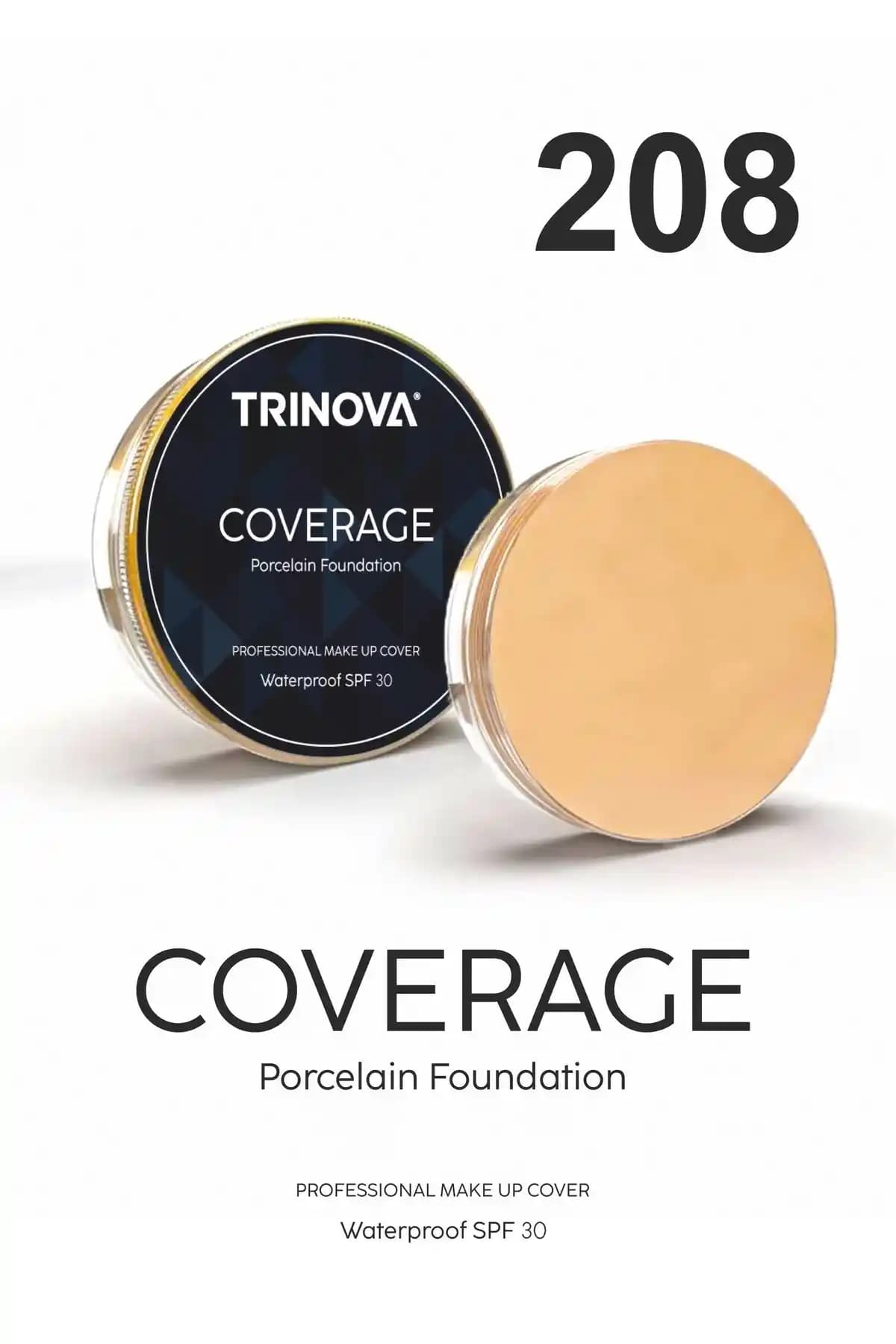 Trinova Makeup Cover Porselen Fondöten Açık Ton 208 - Yüksek Kapatıcılık ve Uzun Süre Kalıcılık