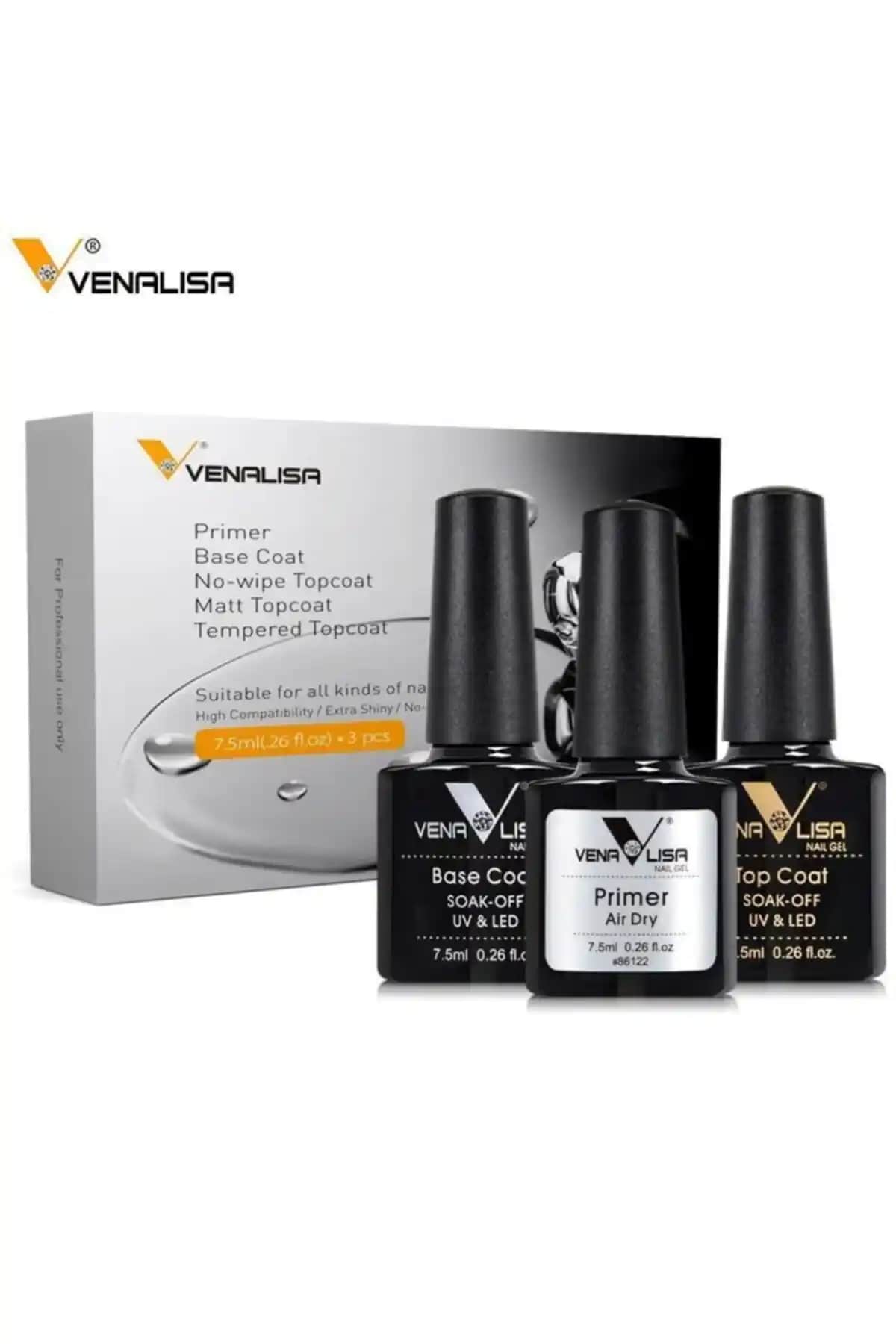 Venalisa 3'lü Primer, Base ve Top Coat Seti ile Güçlü ve Parlak Tırnak Bakımı