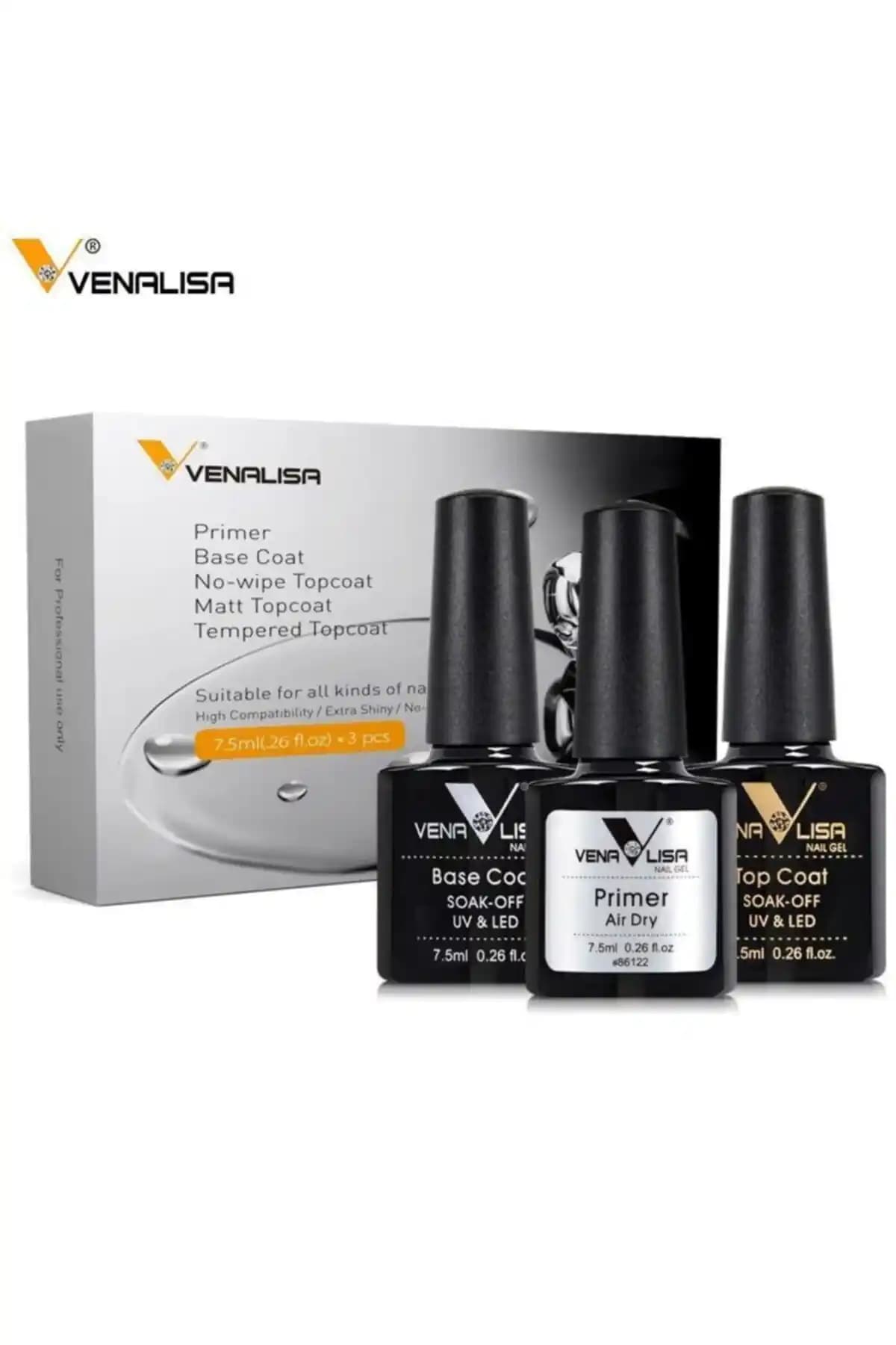 Venalisa 3'lü Primer, Base ve Top Coat Seti ile Güçlü ve Parlak Tırnak Bakımı