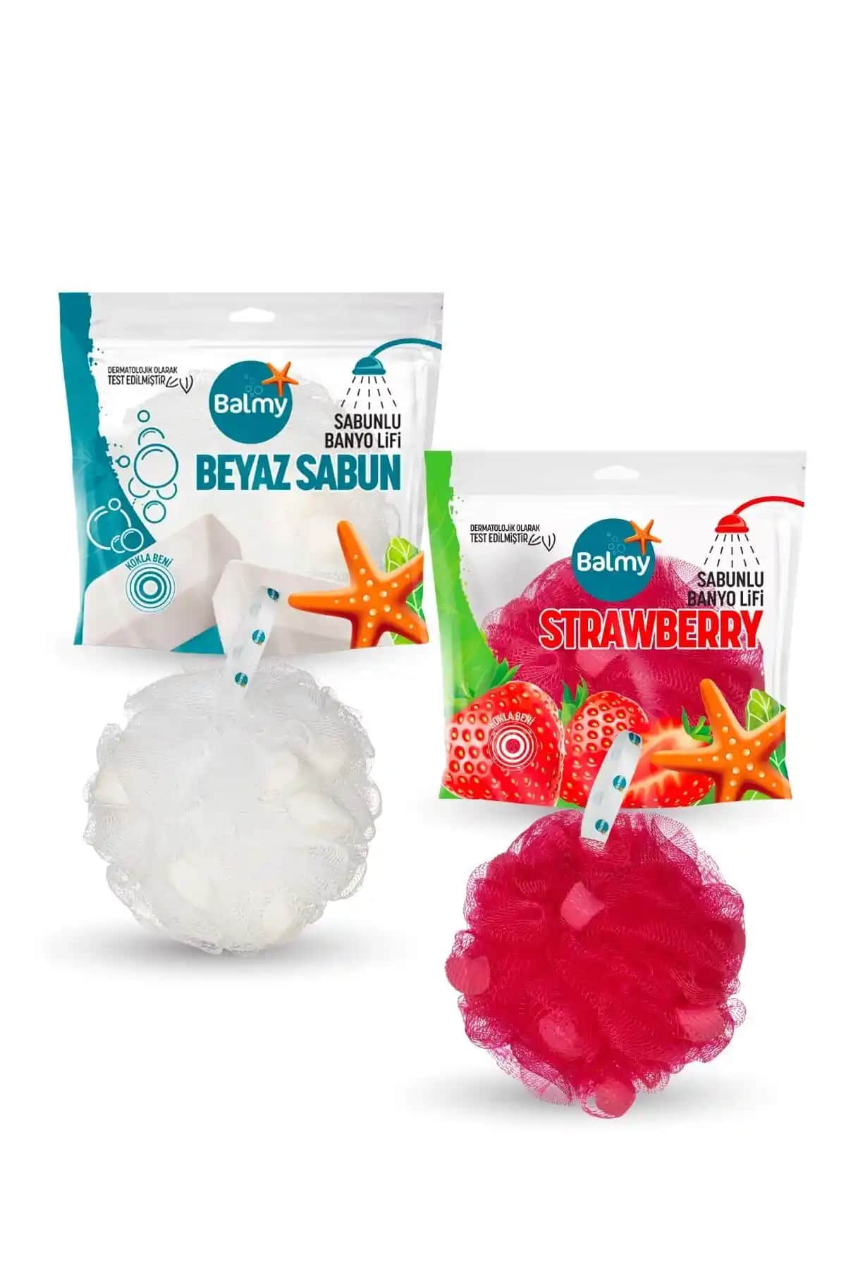 Balmy Beyaz ve Çilek Sabunlu 2'li Lif Seti ile Doğal ve Pratik Banyo Deneyimi