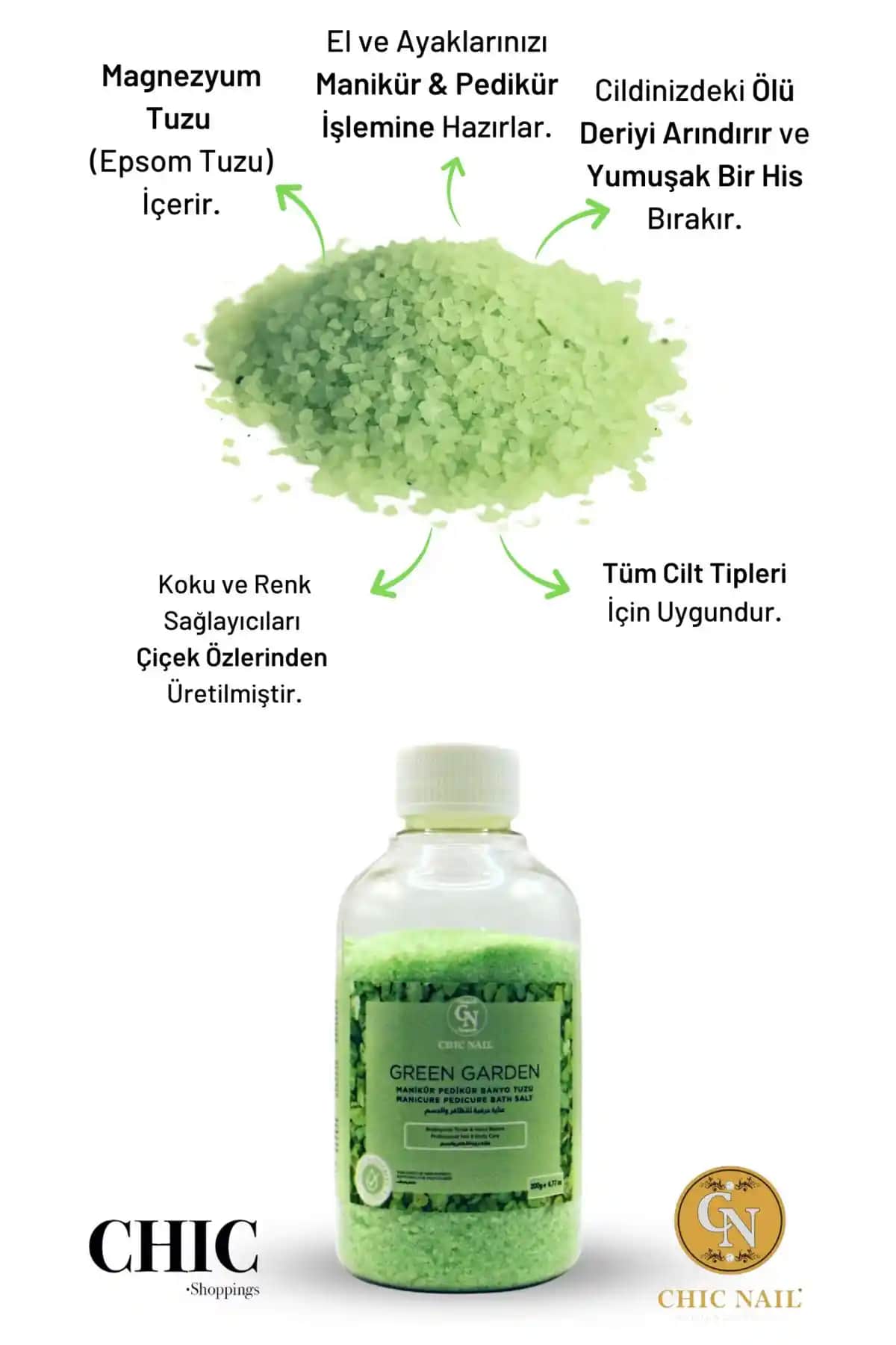 Chic Nail Green Garden Banyo Tuzu: Doğal İçerikli Rahatlatıcı ve Cilt Yenileme Ürünü