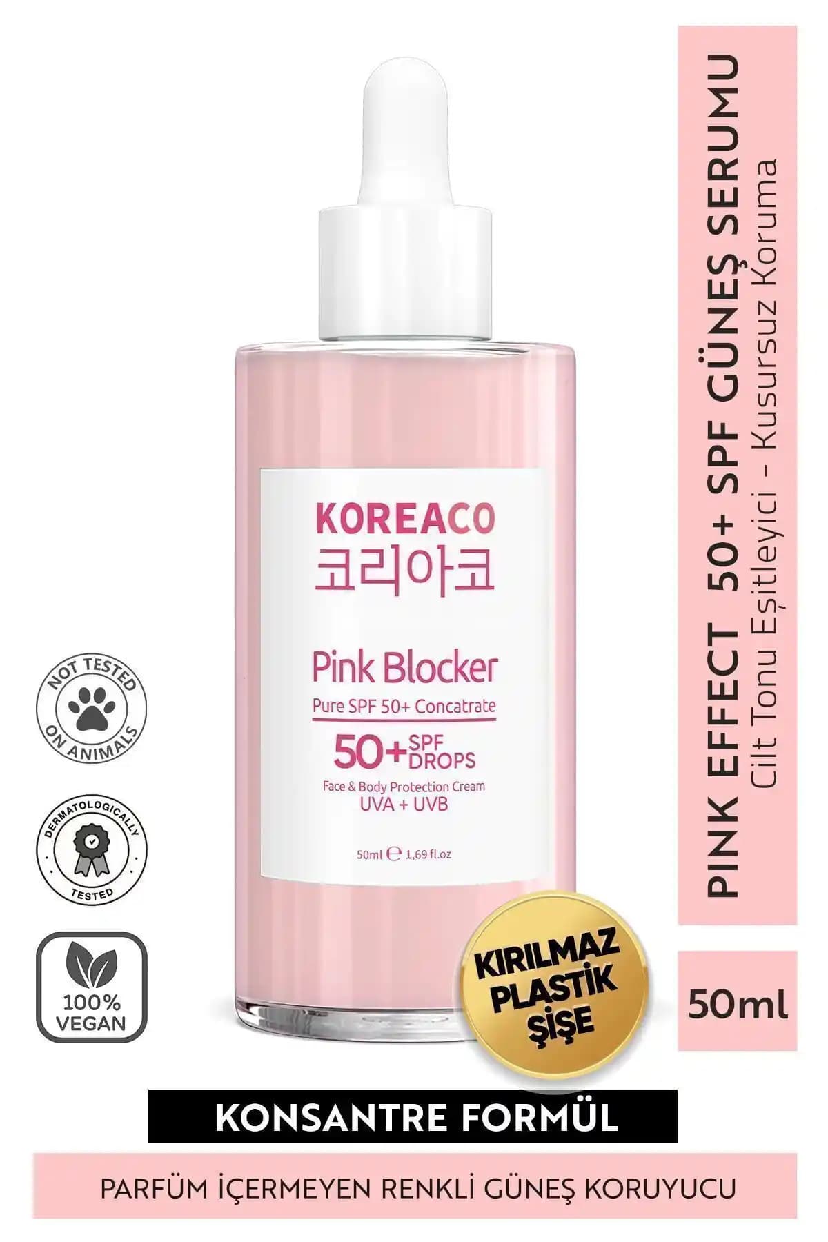 KOREACO %100 Saf Blocker Pink Güneş Serumu SPF 50+ Cilt Koruyucu ve Eşitleyen Formül