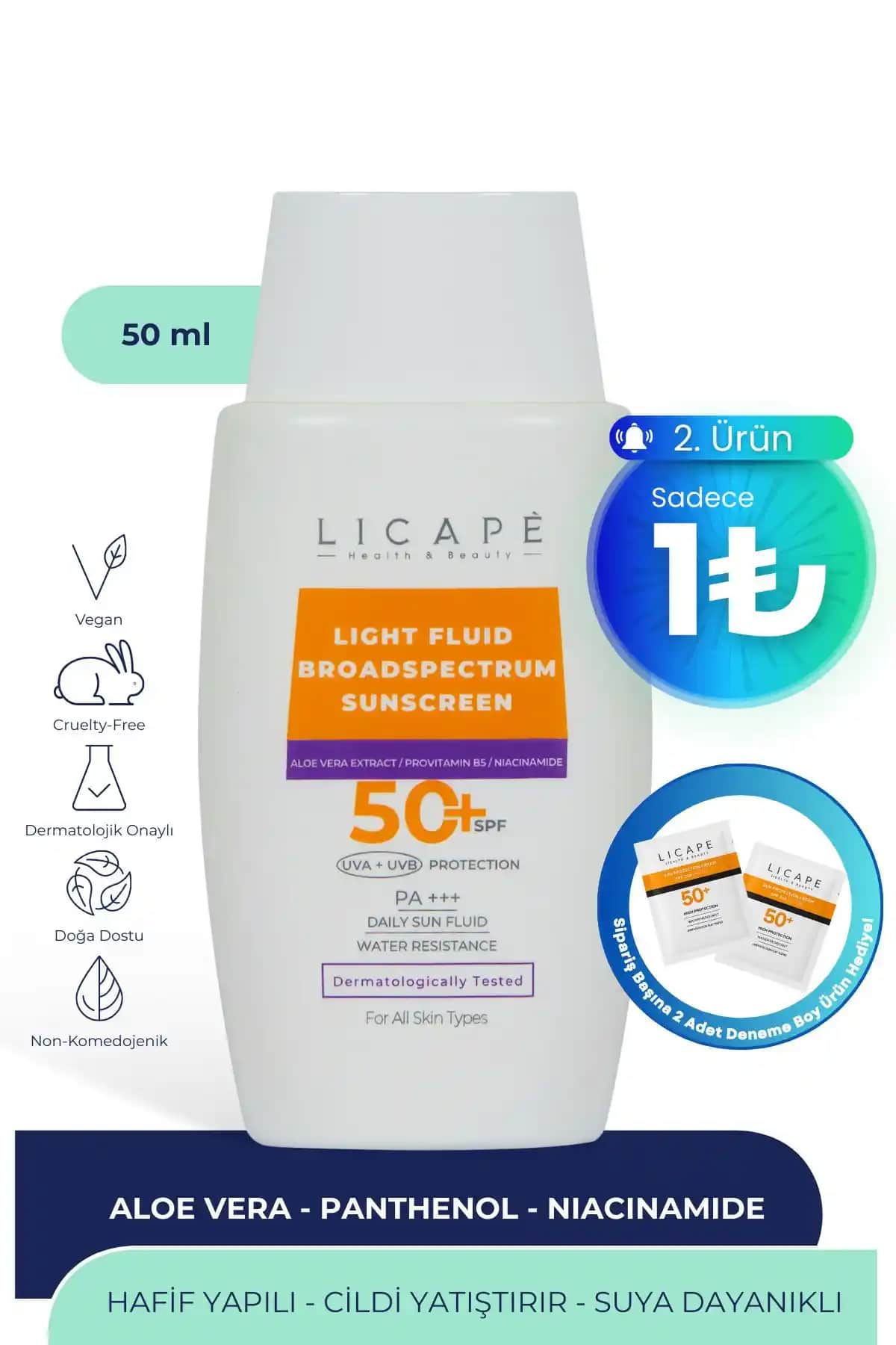 Licape Yüksek Koruma Suya Dayanıklı Likit Güneş Kremi SPF 50+ ve UVA Koruma Özelliği