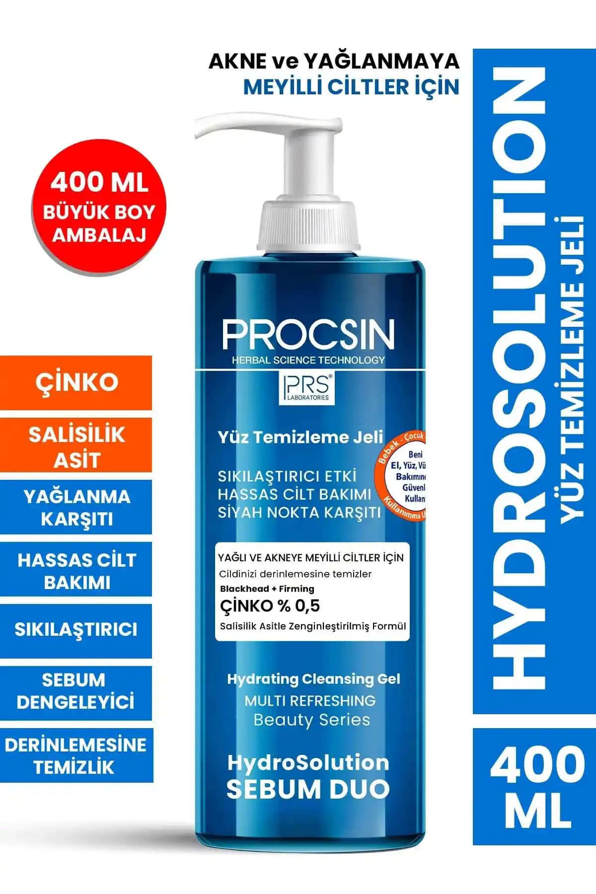 Procsin Hydrosolution Akne Karşıtı Yağ Dengeleyici Yüz Temizleme Jeli 400 ml Türkiye Menşeli