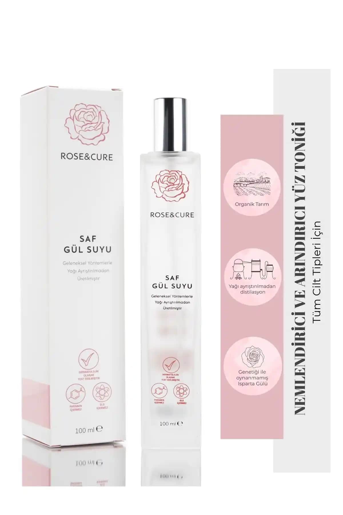 Rose and Cure Saf Gül Suyu 100ml doğal ve çok yönlü cilt bakım ürünü