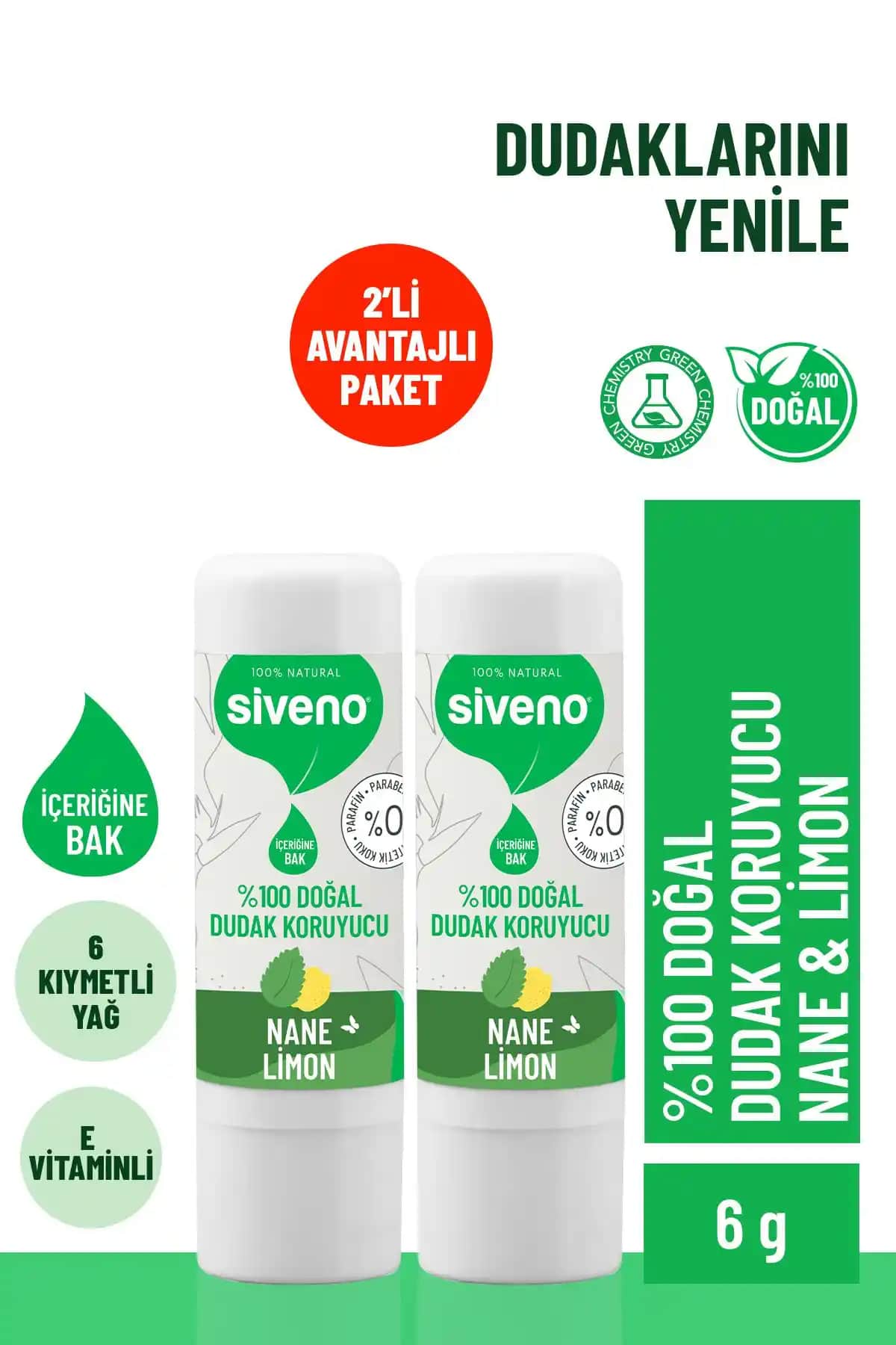 Siveno %100 Doğal Dudak Koruyucu Lip Balm Nane ve Limon Yağlarıyla Nem ve Parlaklık Kazandırır
