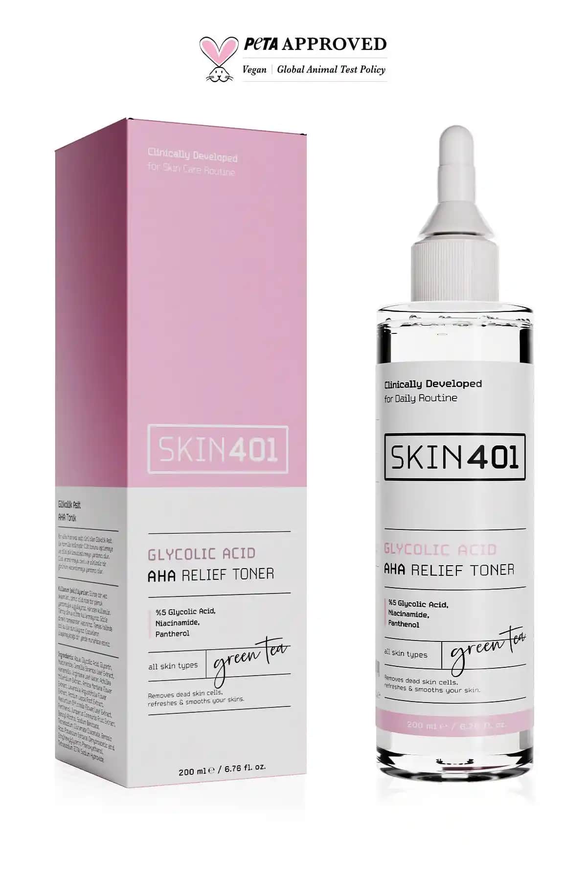 Skin401 %5 Glikolik Asit Ayıltıcı ve Leke Karşıtı Tonik Türkiye Menşei Vegan Cilt Bakım Ürünü