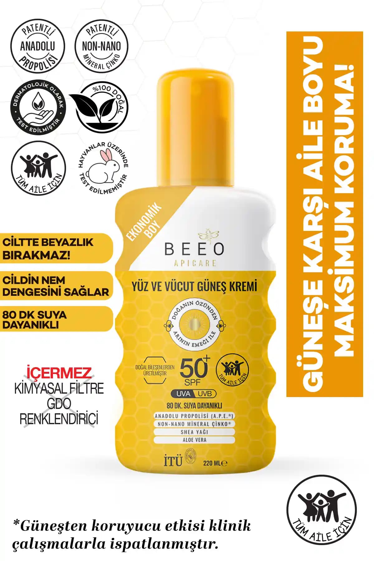 BEE'O Yüz ve Vücut Güneş Kremi 50+ SPF Hassas Ciltler İçin Doğal ve Suya Dayanıklı Koruma