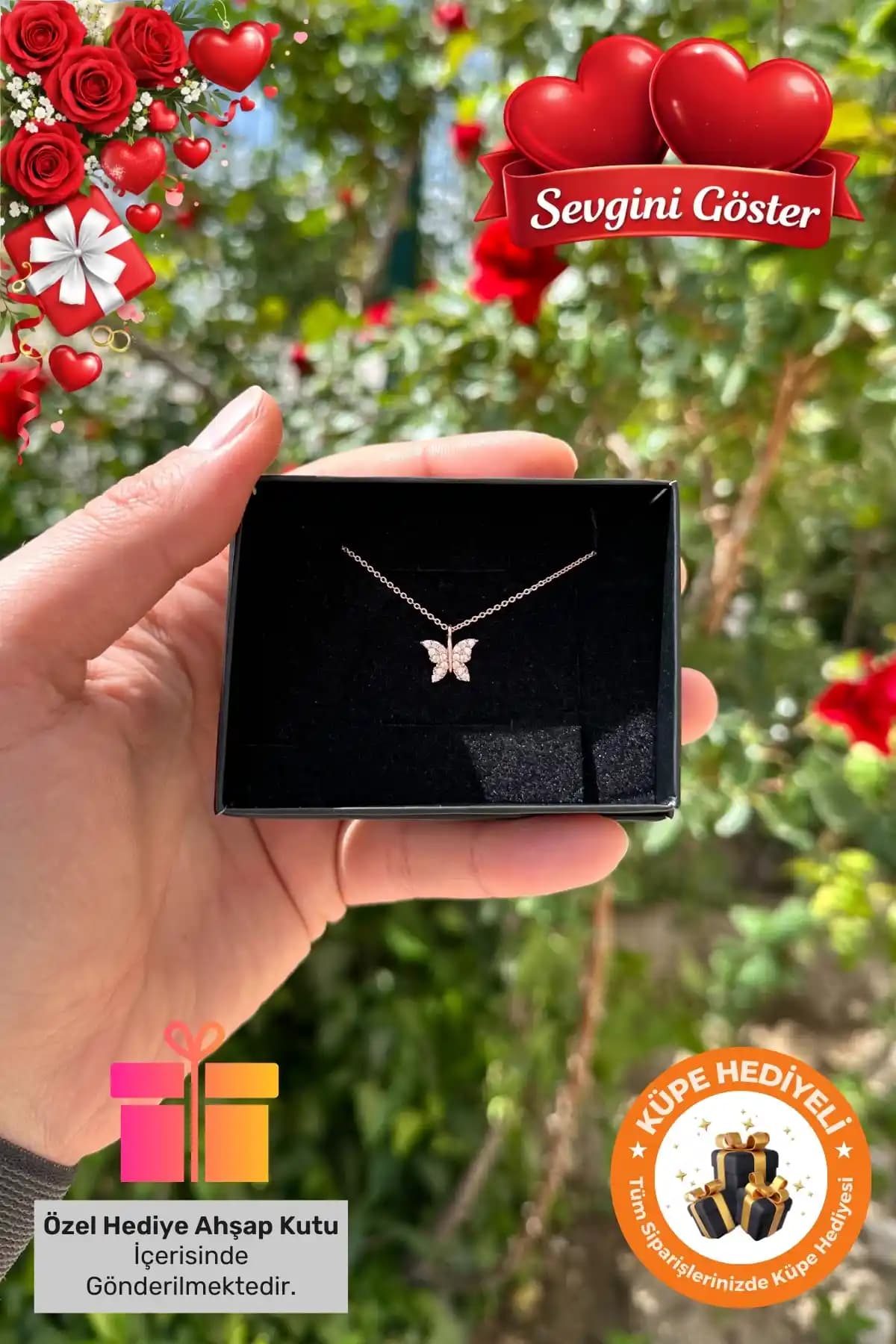Lucente Jewellery Rose Kelebek Kolye 925 Ayar Gümüş Kaplama Sevgililer Günü Hediyesi