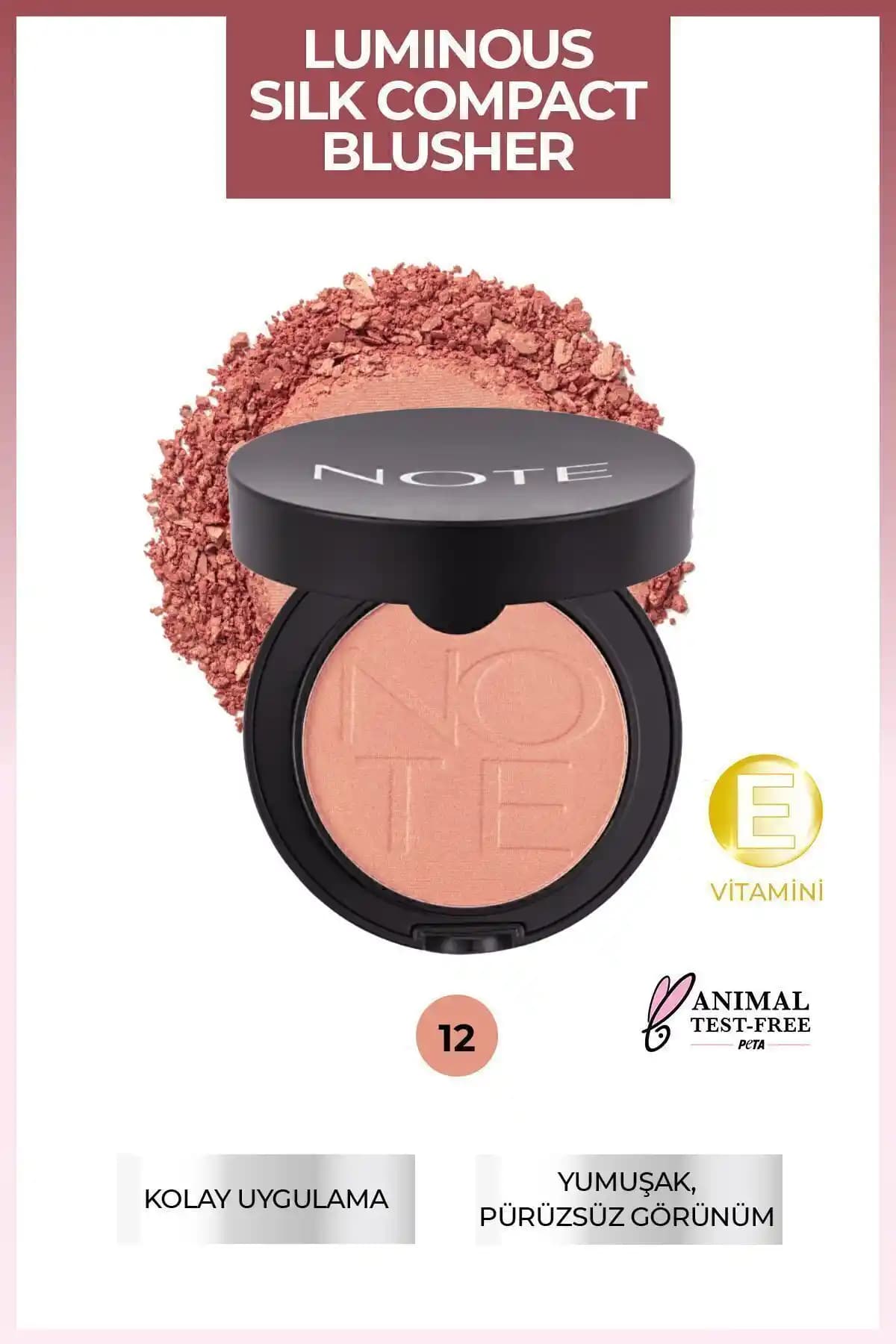 Note Cosmetics Luminous Silk Compact Allık 12 Rosy Glow doğal ve parlak görünüm sağlayan yüksek kaliteli makyaj ürünü