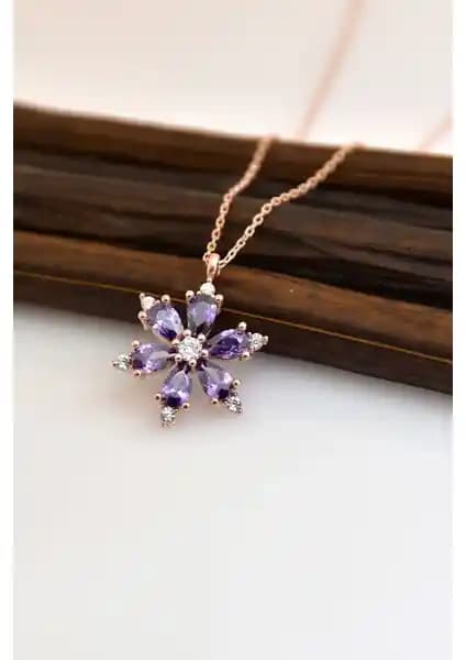 Zanaat Silver 925 Ayar Gümüş Ametist Taşlı Lotus Motifli Kolye İnce ve Zarif Tasarım