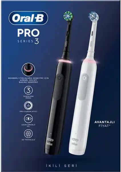 Oral-B Pro 3-3900 Siyah Beyaz 2'li Elektrikli Diş Fırçası Seti: 3 Mod ve Zamanlayıcı