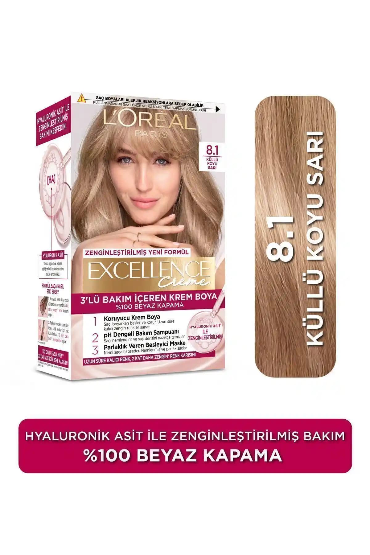 L'Oreal Paris Excellence Creme 8.1 Koyu Sarı Küllü Saç Boyası ile Doğal ve Parlak Görünüm