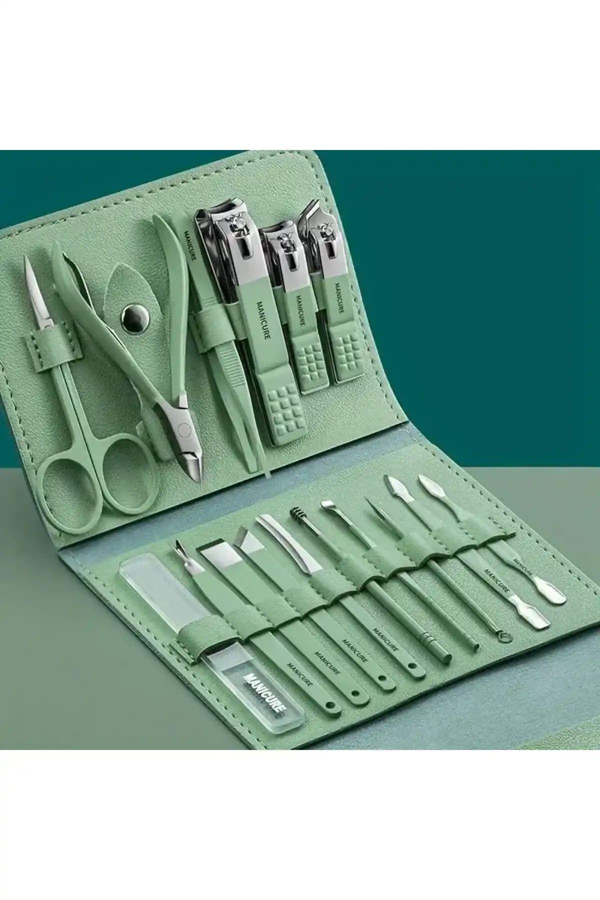 Nail Master Yeşil Deri Çantalı 16 Parça Profesyonel Manikür ve Pedikür Seti