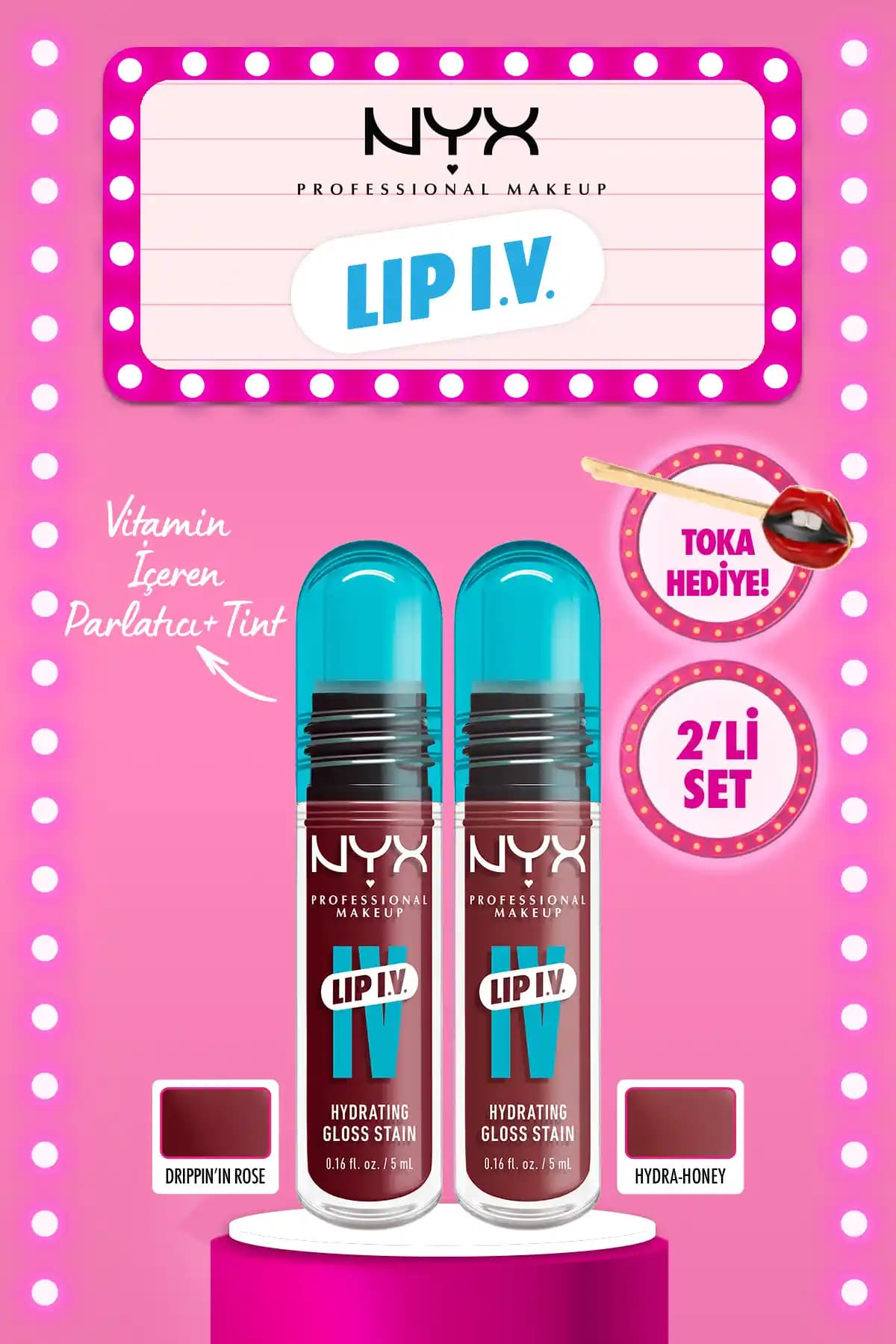 NYX Lip I.V. Vitamin İçeren Parlatıcı ve Tint Seti Dudaklara Doğal Parlaklık ve Nem Sağlar