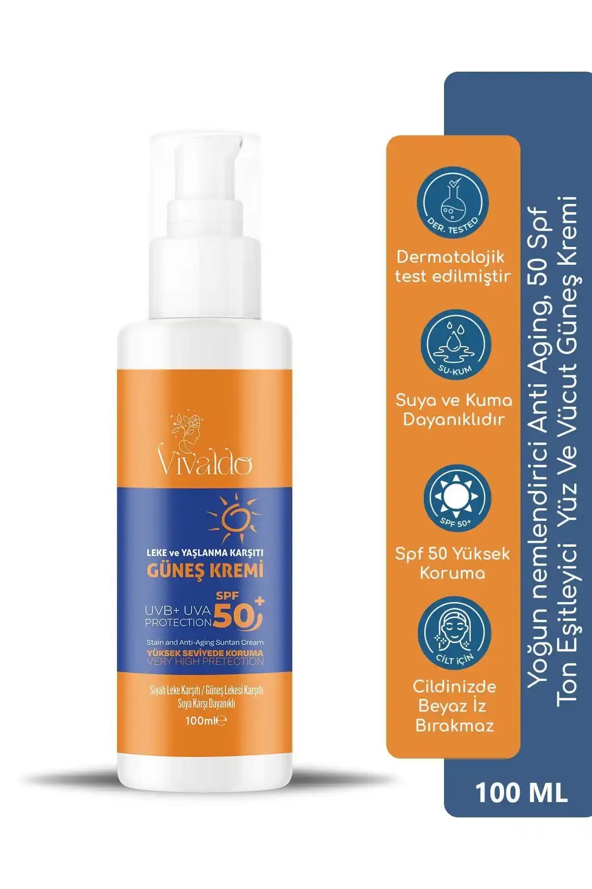 Vivaldo Yüz ve Vücut Güneş Kremi 100 ml yüksek koruma ve bakım sağlayan ürün