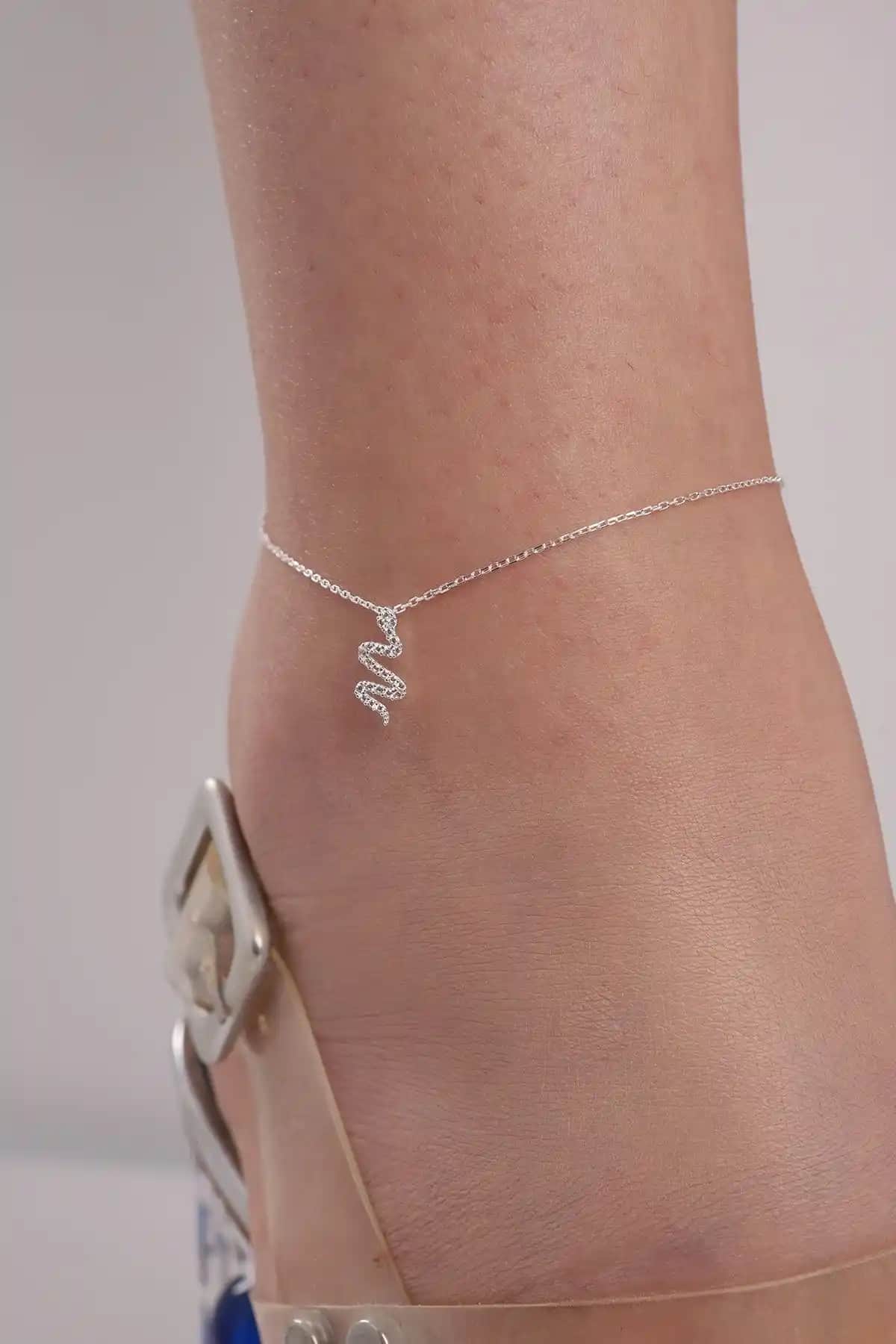 Bilsen Store Kadın 925 Ayar Gümüş Zirkon Taşlı Yılan Model Halhal