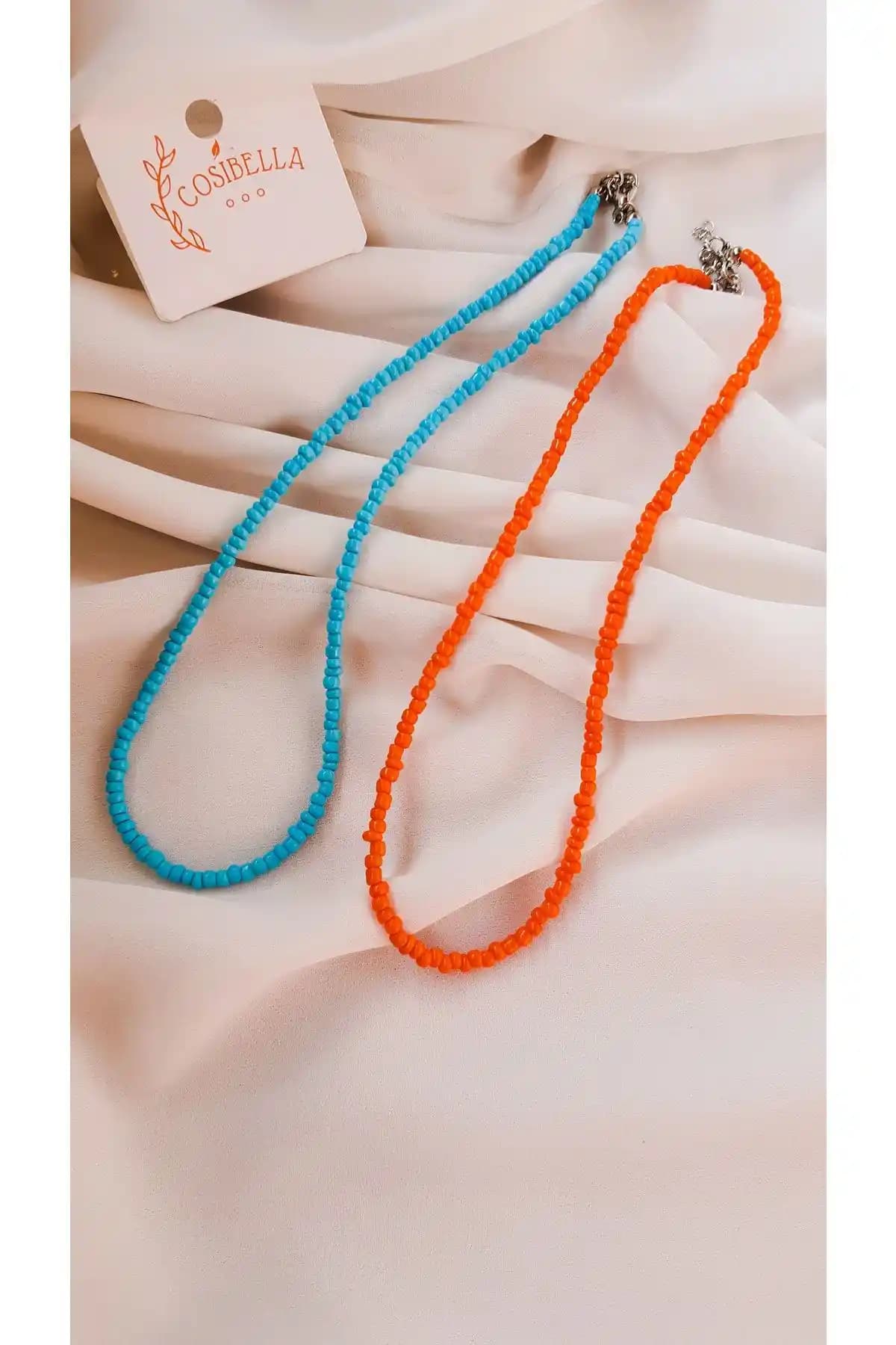 COSİBELLA Kadın İkili Turuncu ve Turkuaz Boncuk Kolye Renkli ve Şık Tasarım