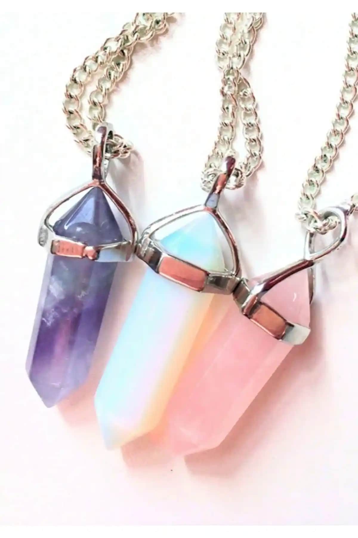 Doğal Taş Ametist, Ay Taşı ve Pembe Kuvars İçeren 3'lü Kolye Seti Güzellik ve Anlam Birliği