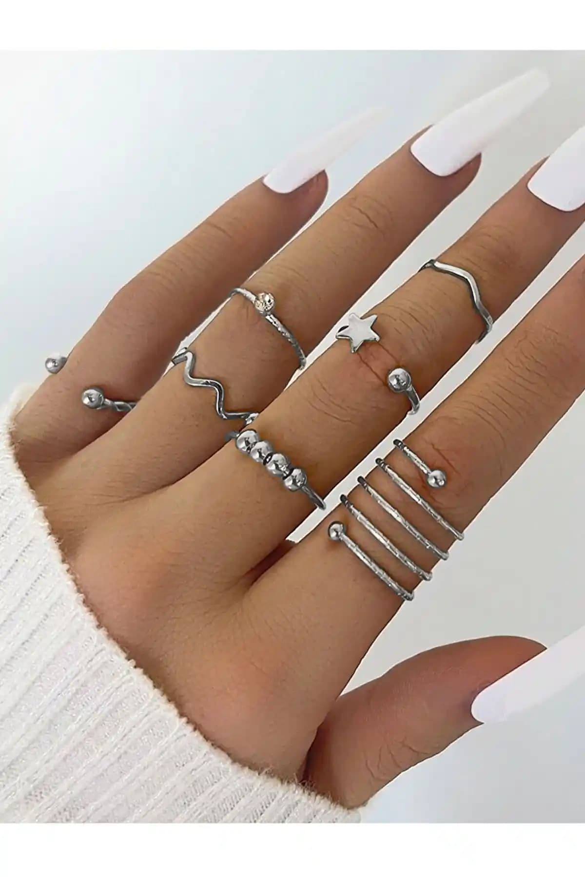 Ervalina 7'li Minimal Tasarım Set Yüzük Modern ve Şık Aksesuar Seçeneği