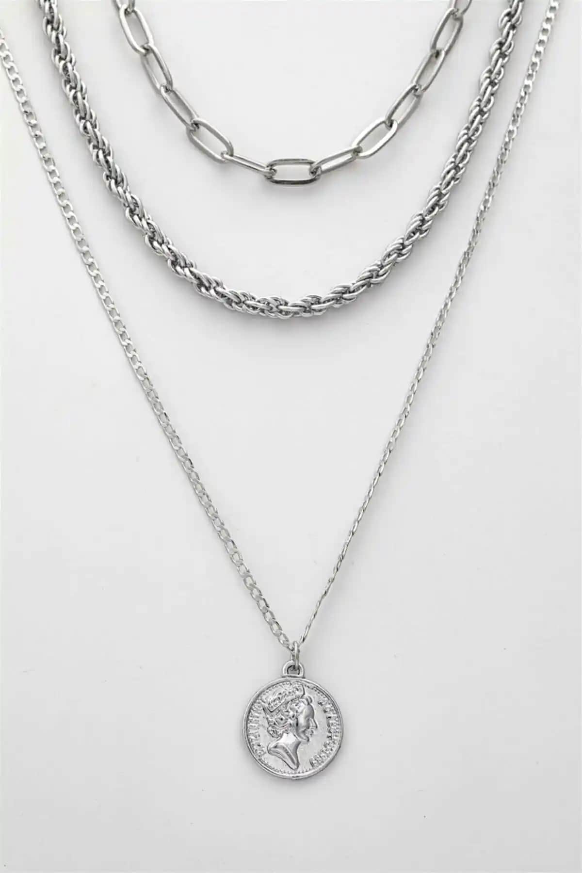 FullControl Kadın Gümüş Madalyon Çoklu Kolye Modern ve Zarif Tasarım