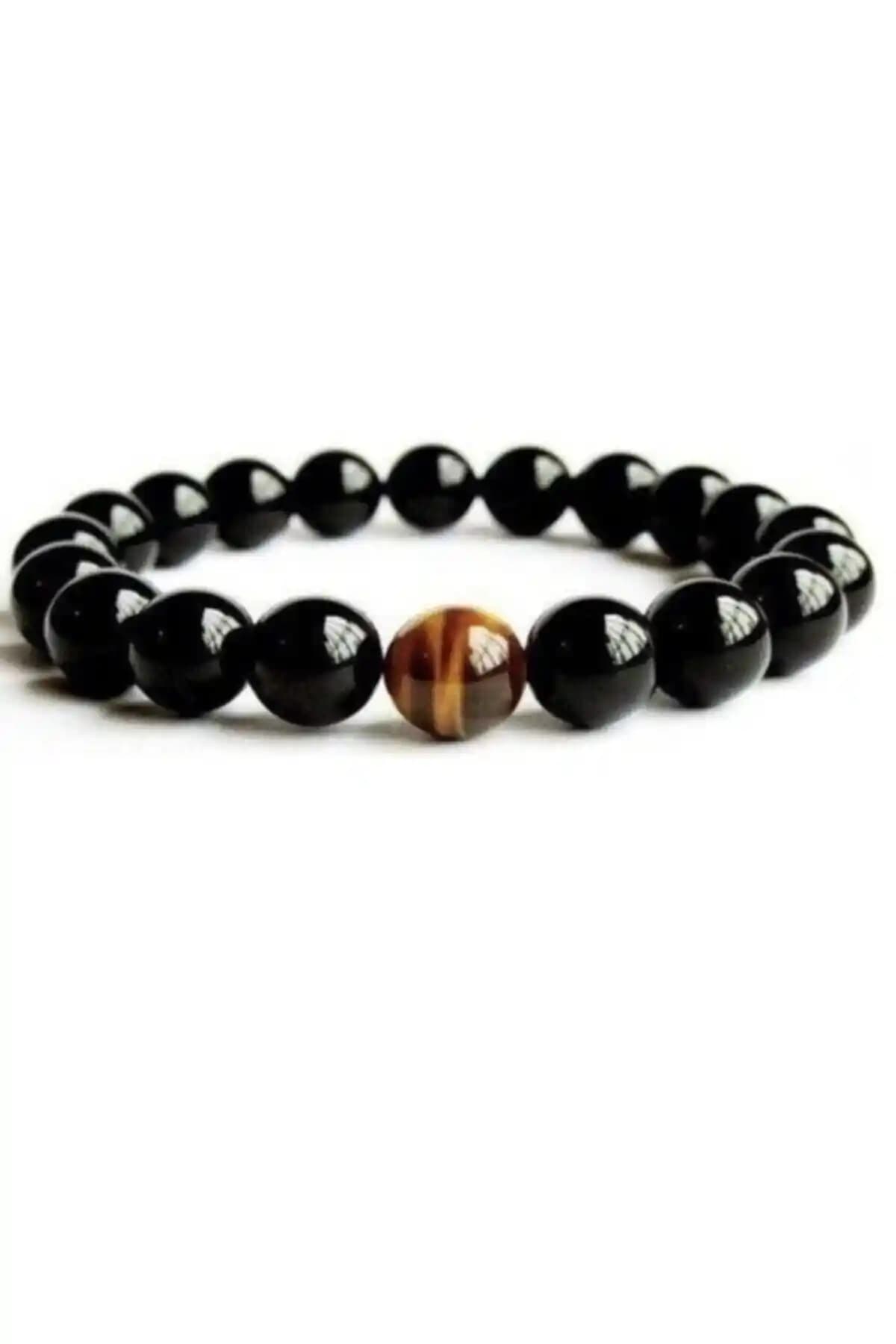 HakSal Gümüşüşçülük Unisex Kahverengi Kaplangözü ve Parlak Oniks Doğal Taş Bileklik