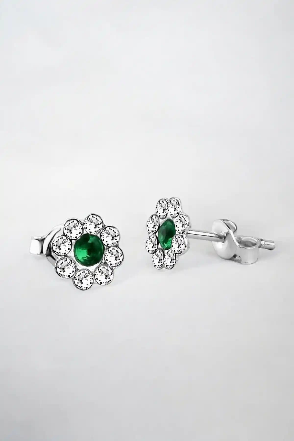 Jelux Silver Gümüş 925 Ayar Cam Taşlı Zümrüt Papatya Model Çivili Küpe
