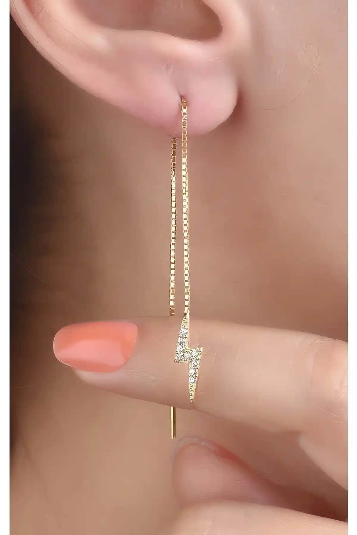 Jelux Silver Gümüş 925 Ayar Zirkon Taşlı Asansör Zincir Şimşek Model Tekli Küpe