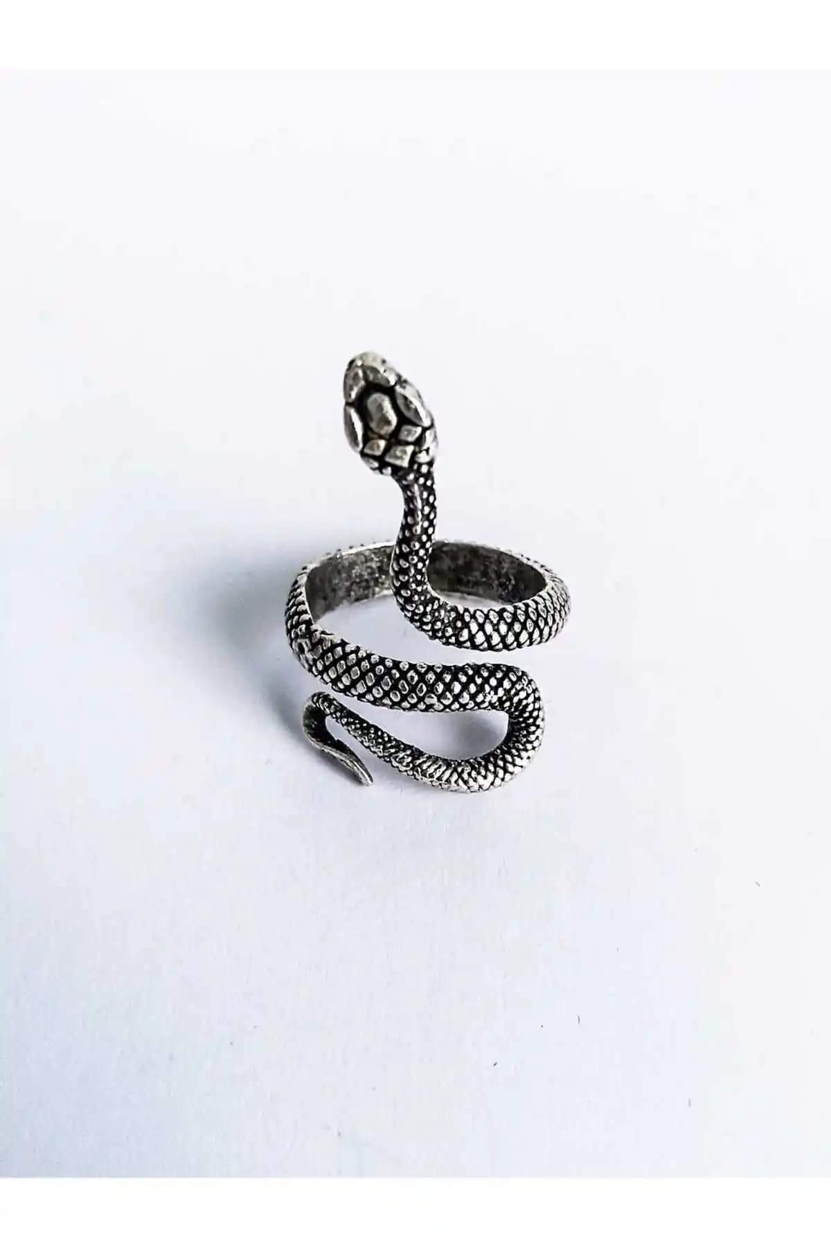 Modern Yılan Şekilli Gümüş Kaplama Yüzük Antik Tarzda El Yapımı Tasarım