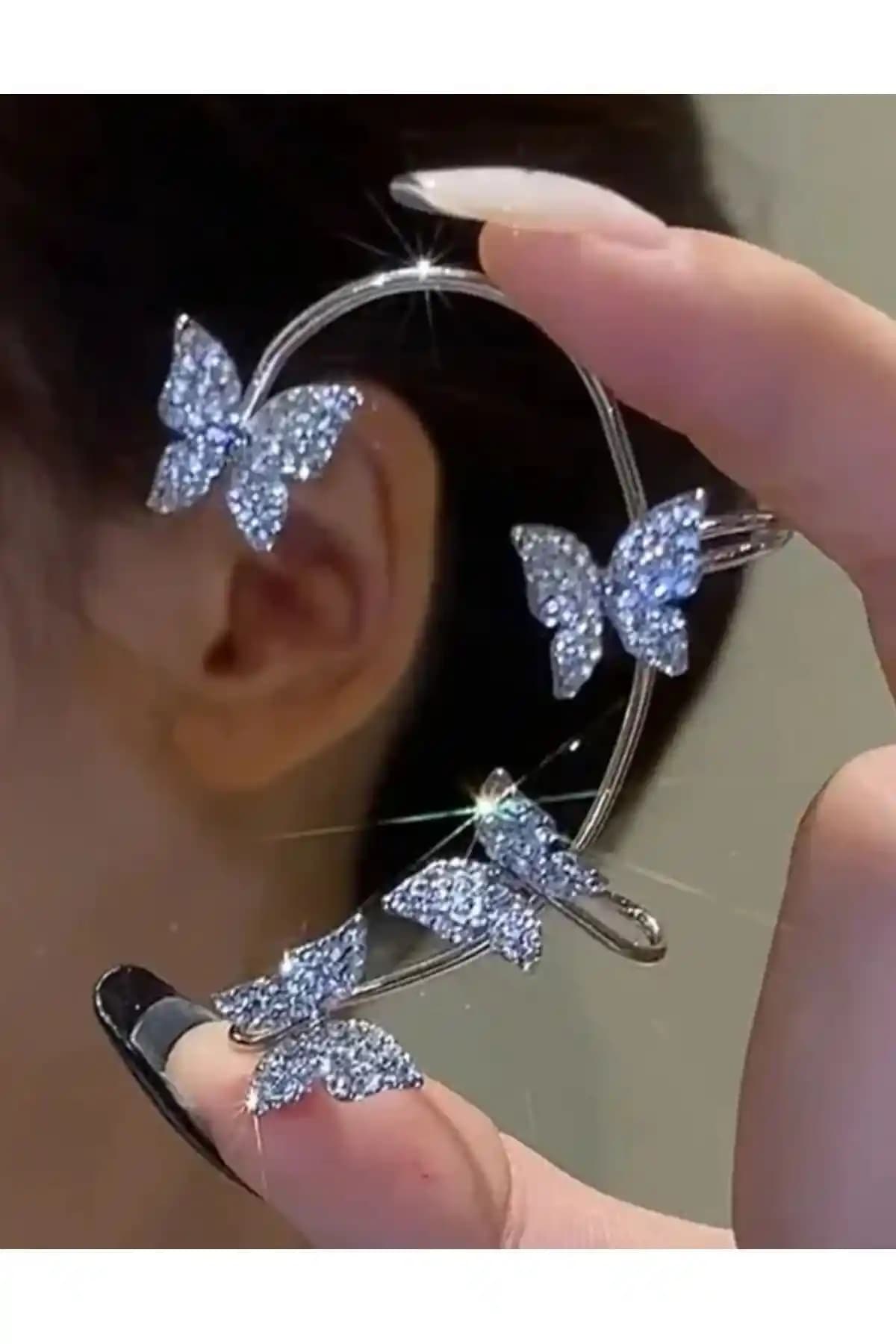 Monalisa Toka Kadın Gümüş Renk Kelebek Zirkon Taşlı Tekli Earcuff Küpe