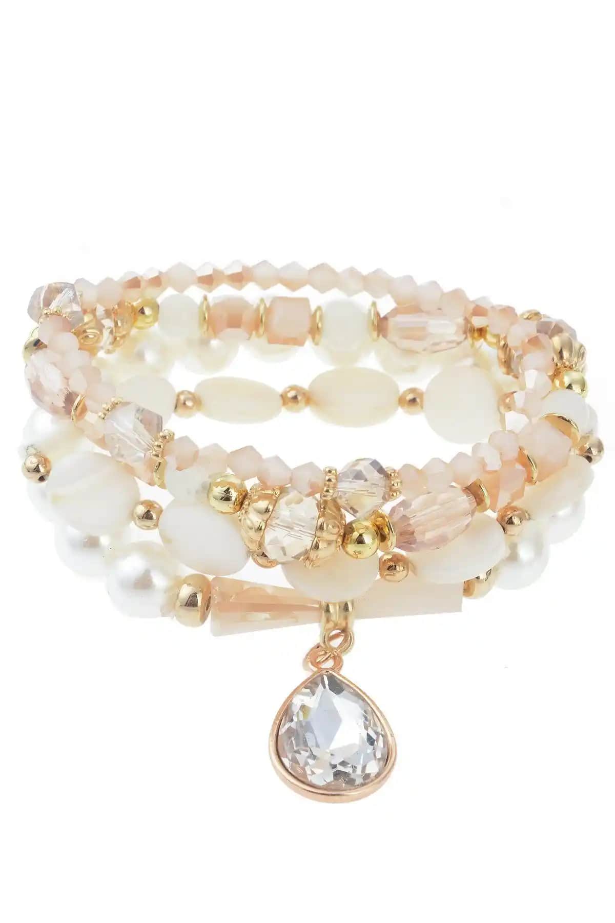 Pelin Aksesuar Kristalli İncili Krem Çoklu Bileklik Şık ve Zarif Tasarım