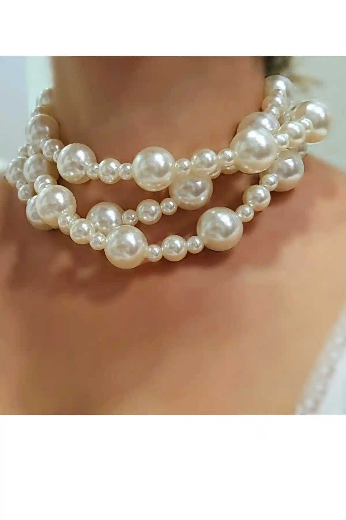 Petek Aksesuar Incili Çoklu Choker Kolye Şık ve Zarif Modern Takı Tasarımı