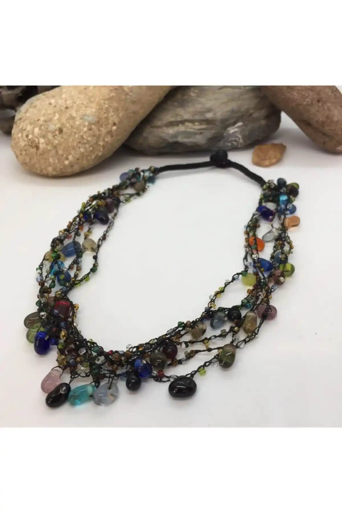 Porsuk Alternatif El Yapımı Renkli Cam Boncuk Etnik Kolye - Doğal Taş ve Akrilik Malzeme