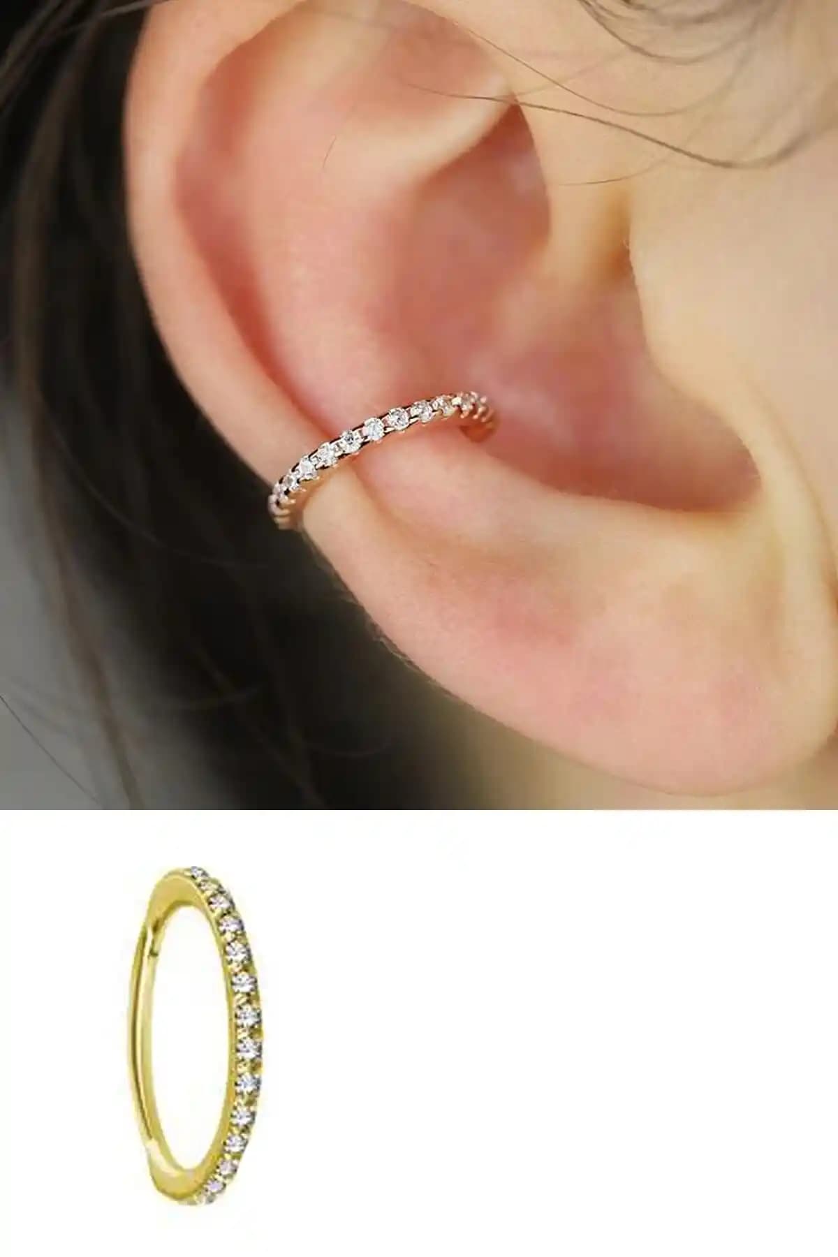 Salyangoz Cerrahi Çelik Altın Renk Conch ve Orbital Halka Taşlı Piercing İncelemesi