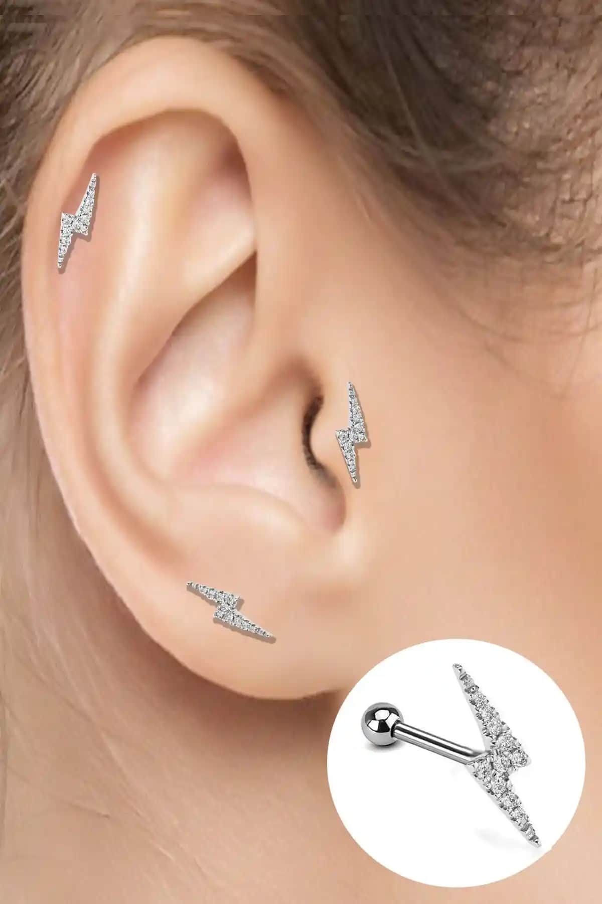 Salyangoz Şirketi Flaş Şimşek Figürlü Cerrahi Çelik Kıkırdak ve Tragus Piercingleri
