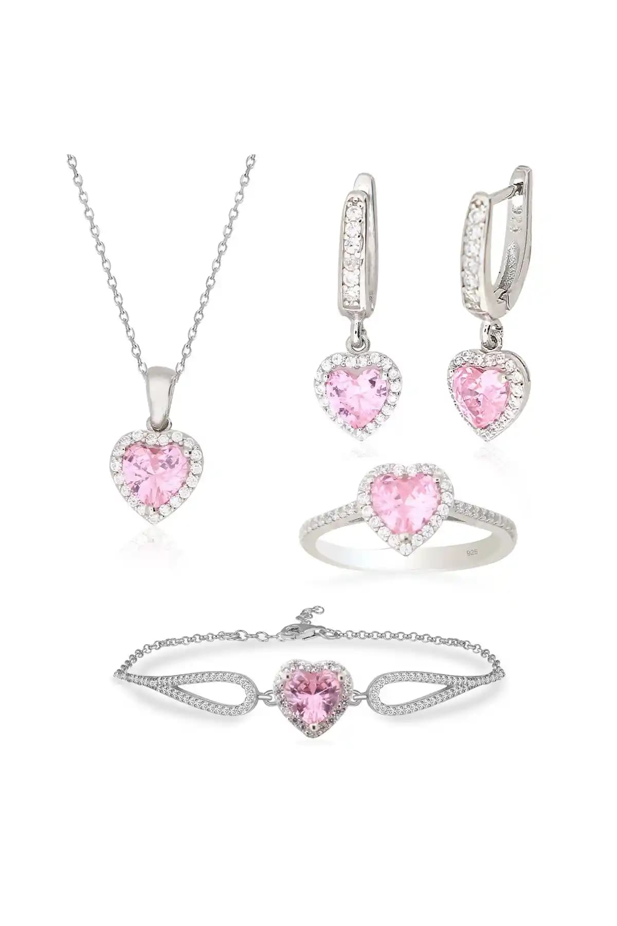 Silveranka 925 Ayar Gümüş Pembe Kalp Takı Seti Şık ve Romantik Aksesuar Koleksiyonu